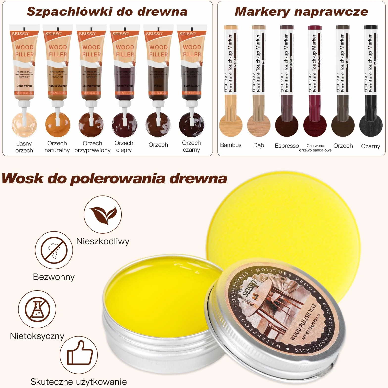 SEISSO Zestaw naprawczy do mebli drewnianych, szpachelka do drewna z kitem do drewna, wosk do polerowania otworów