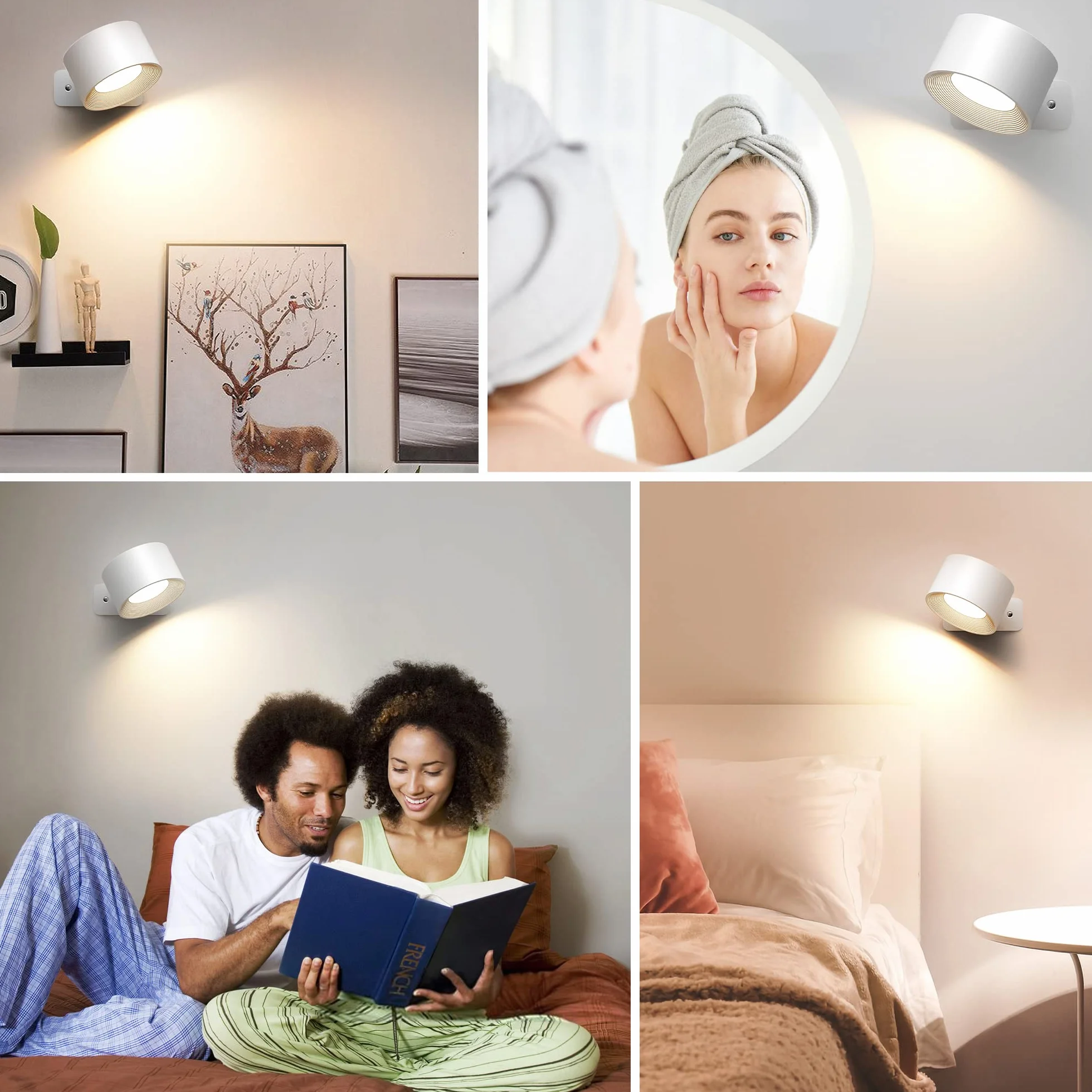 Indoor Wall Light, lampa ścienna z akumulatorem USB Charging, 3 kolory i 3 poziomy jasności LED Wall Light Indoor 360° Rotatable Touch Control Wall Lights Wireless Wall Lights (White)