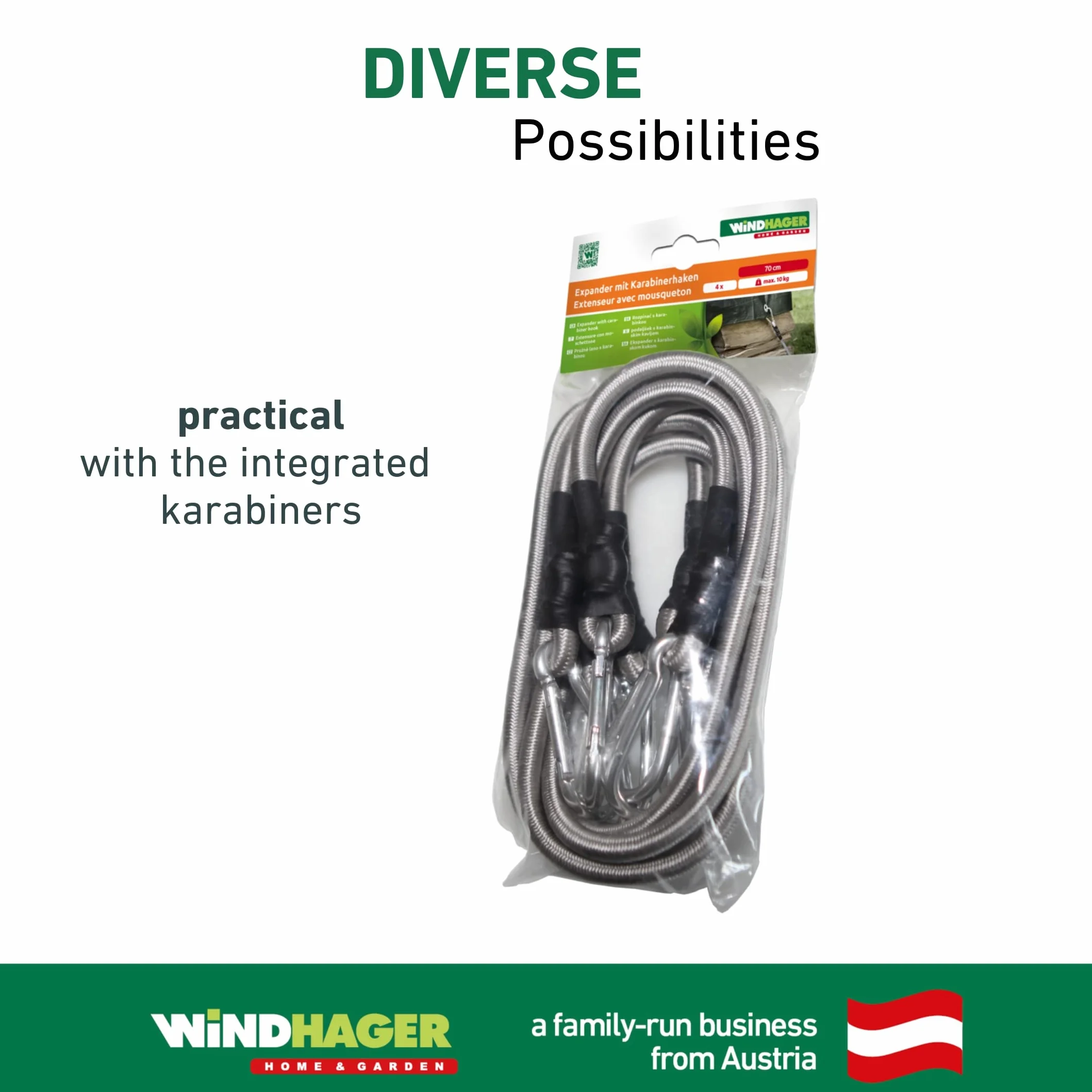 Windhager Ekspander z Karabinkiem, Czarny/Srebrny, 70 x 3.5 x 3.5 cm