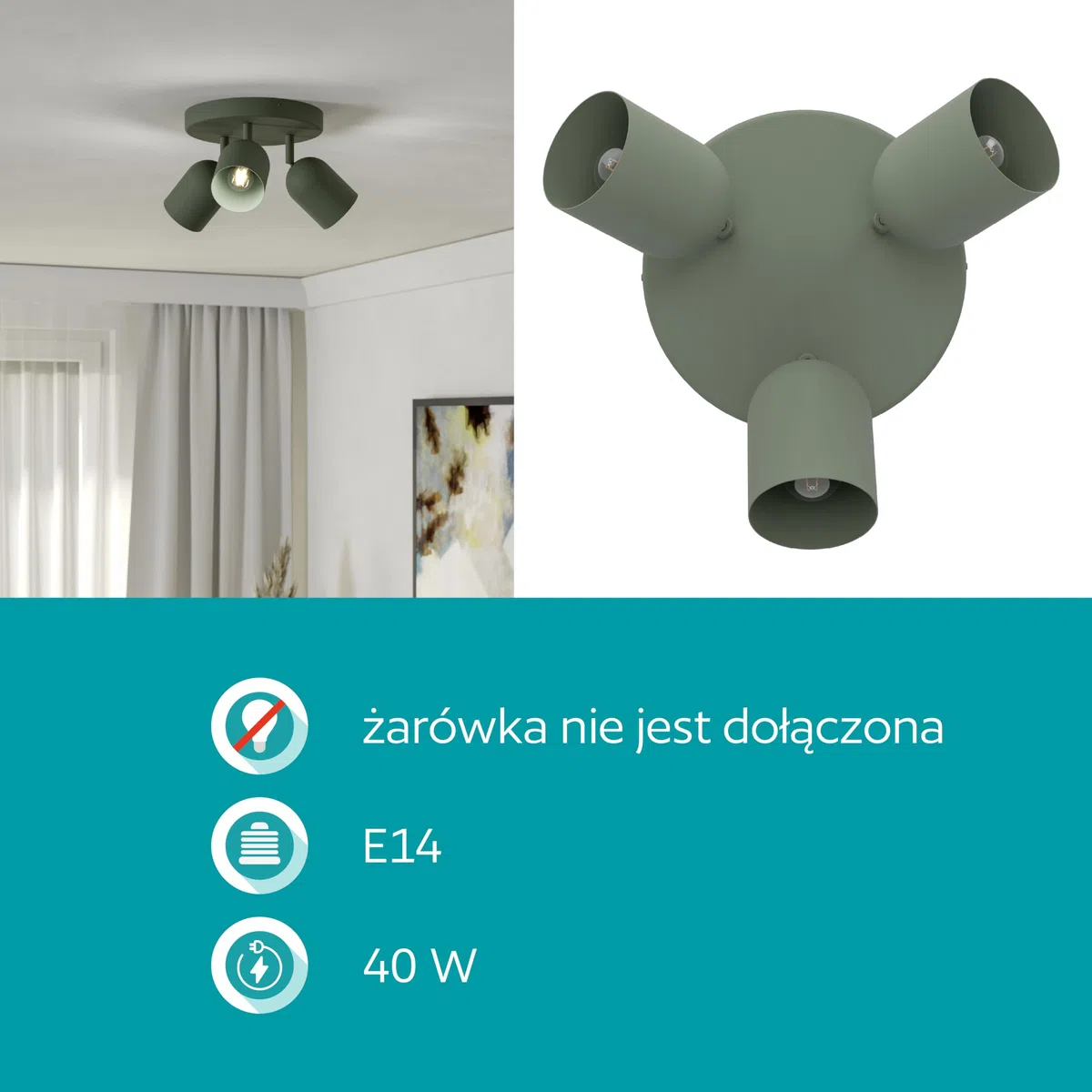 EGLO Tilston Lampa sufitowa 3-żarówkowa, reflektor sufitowy do salonuowa oprawa podsufitowa ze stali w kolorze ciemnozielonym E14 | Reflektor ze stali w kolorze ciemnozielonym, oprawka E14