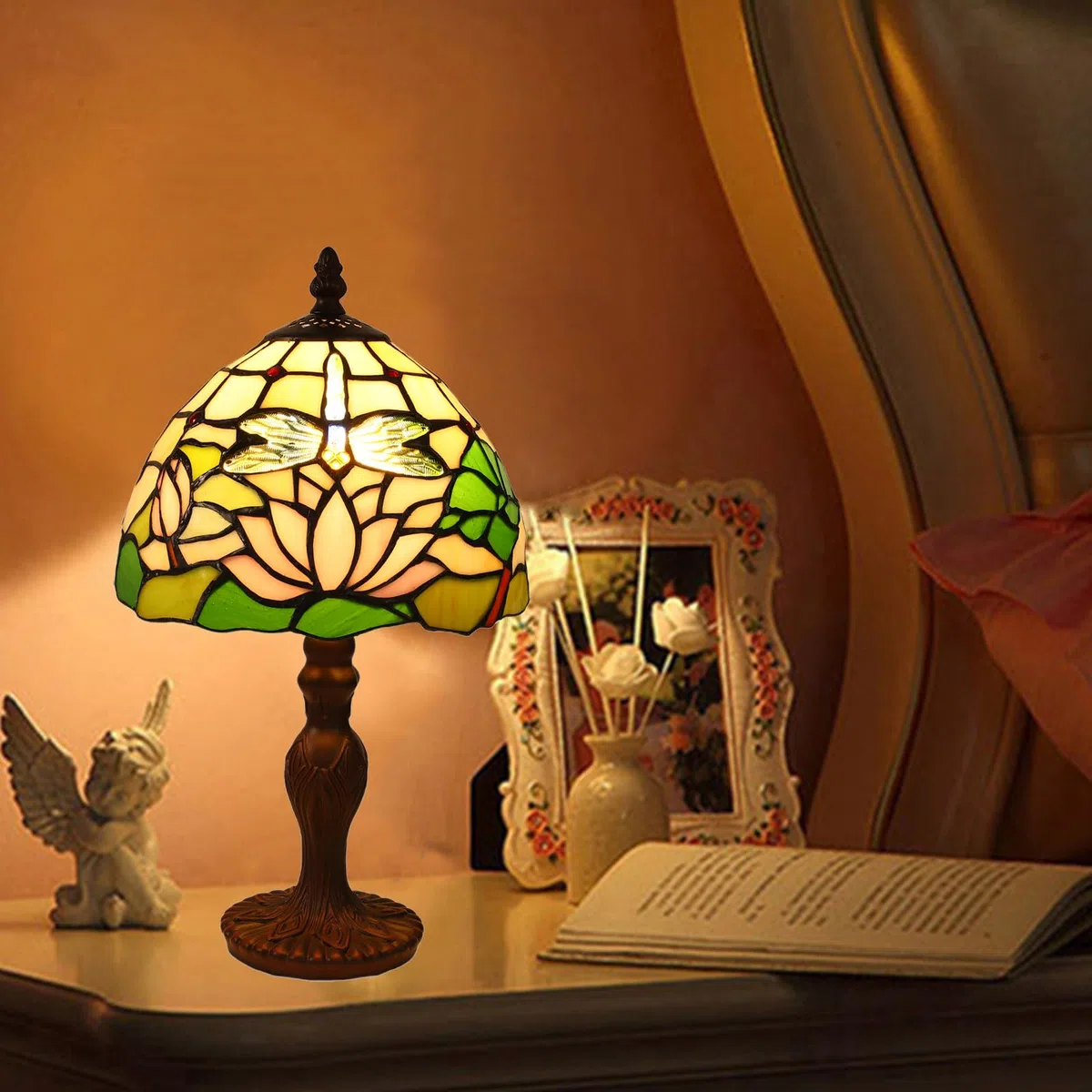 Lampa stołowa Tiffany, 8 cali Vintage Lampa Biurkowa, Witrażowy Abażur, do Salonu, Sypialni, Gabinetu, Hotelu