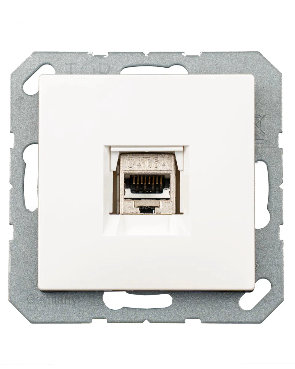Zestaw puszek danych - Jung osłona pojedyncza A569-1NWEWW i pojedyncza ramka AS581WW wraz z 1 x Keystone Jack Module Cat.6A 500 MHz 10Gbit ..