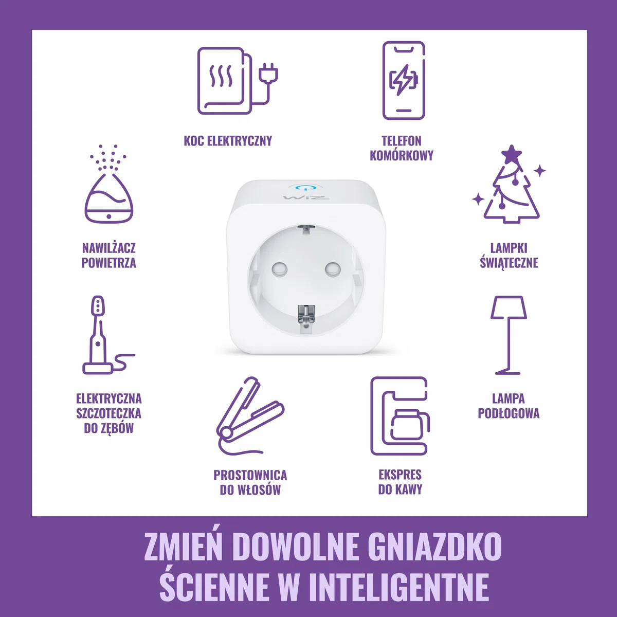 WiZ Wi-Fi Smart Plug, Typ F, 230 V, 50 Hz, Łatwa Konfiguracja, Certyfikat Matter, Inteligentne Sterowanie, Komendy Głosowe, Działa z Alexa, Google Home i Apple Home, Zestaw 1 Szt.