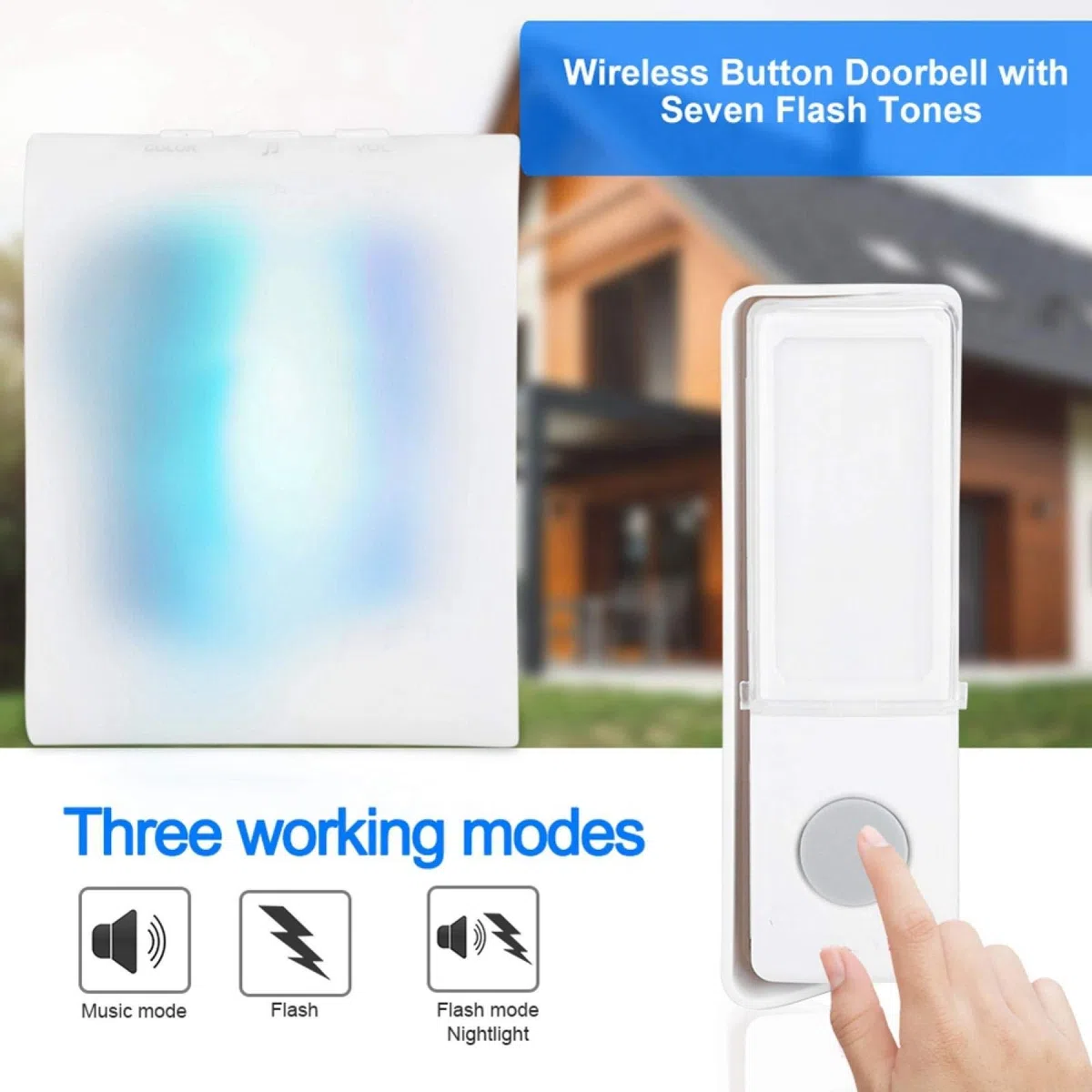 Bezprzewodowy dzwonek do drzwi 7 kolorów LED Flash Button Door Bell IP44, odporny na deszcz, zestaw dzwonków do drzwi z 32 melodiami 5 poziomów głośności (biały)