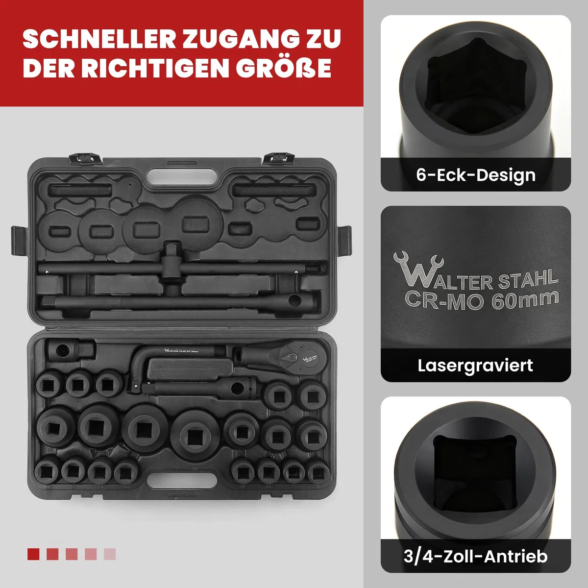 WALTER STAHL zestaw 26 nasadek do wkrętarki udarowej, nakrętki 3/4", 1" F x 3/4" M, standardowe rozmiary metryczne (21-65 mm), stalowy zestaw kluczy nasadowych Cr-V