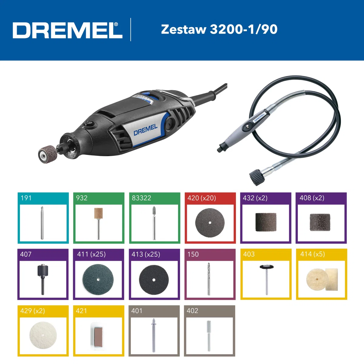 Dremel 3200 Rotatory Tool 130 W, zestaw narzędzi wielofunkcyjnych z 1 elastycznym uchwytem na trzonek, 90 akcesoriów, zmienna prędkość 10.000 – 35.000 obr./min do cięcia, carvingu, piaskowania