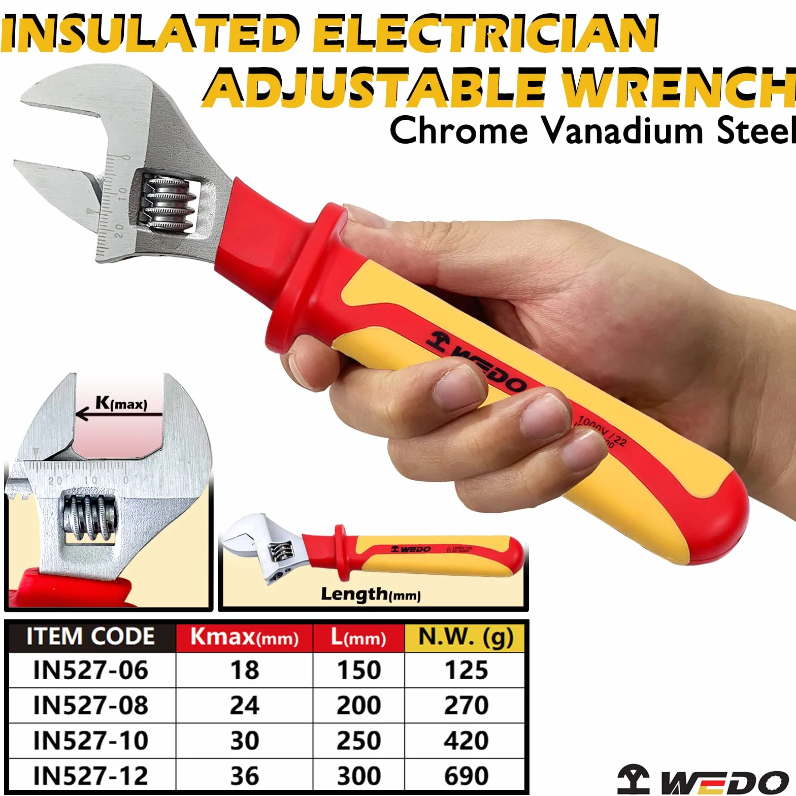 WEDO Izolowany klucz nastawny 8", VDE 1000 V, klucz nastawny dla elektryków, stal chromowo-wanadowa, antypoślizgowe uchwyty, IEC 60900, otwarty maks. 24 mm