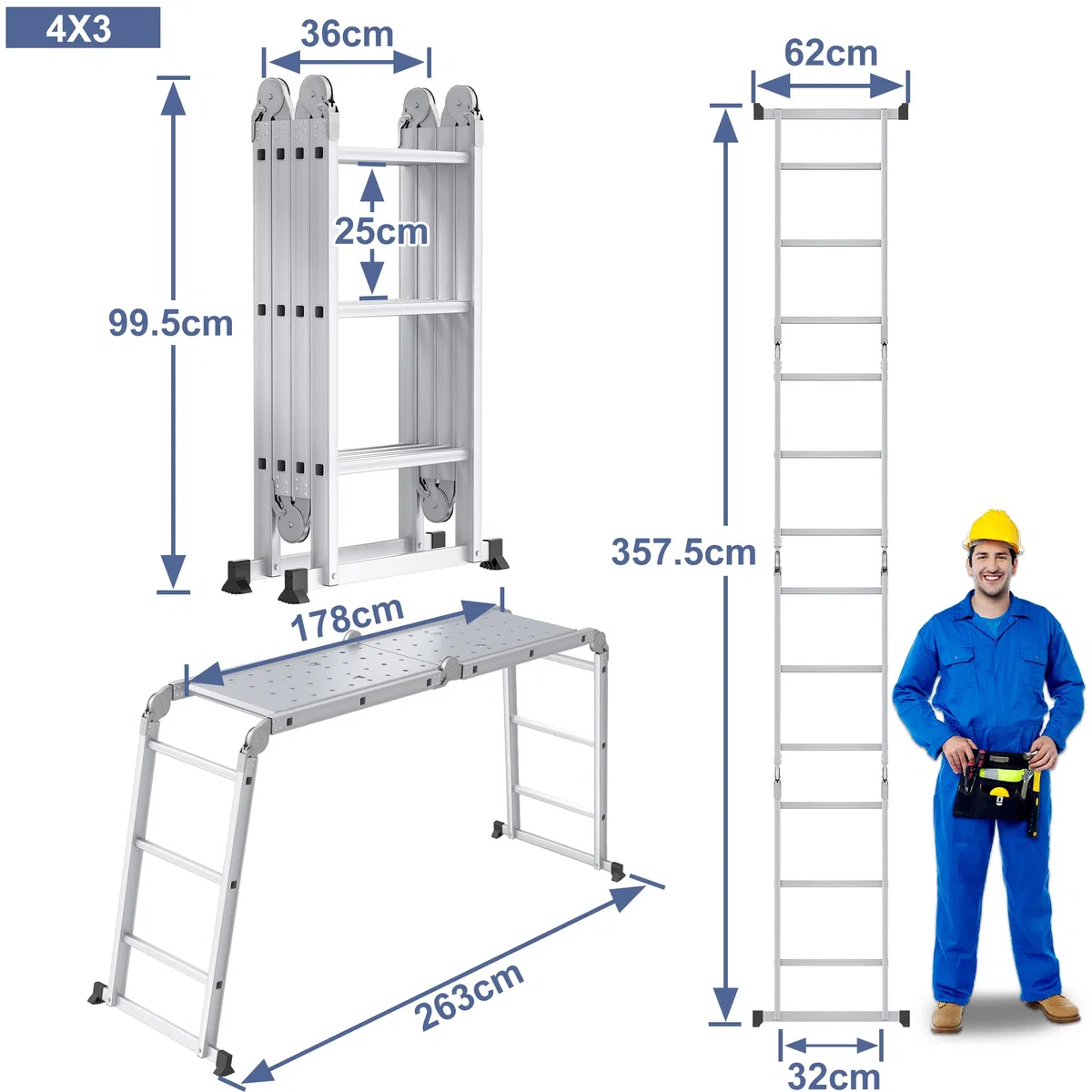 XMTECH Uniwersalna drabina składana, przegubowa z platformą, aluminiowa drabina, wielofunkcyjna, 6 w 1, drabina przystawna, z aluminium, 4 x 3 stopnie, srebrna