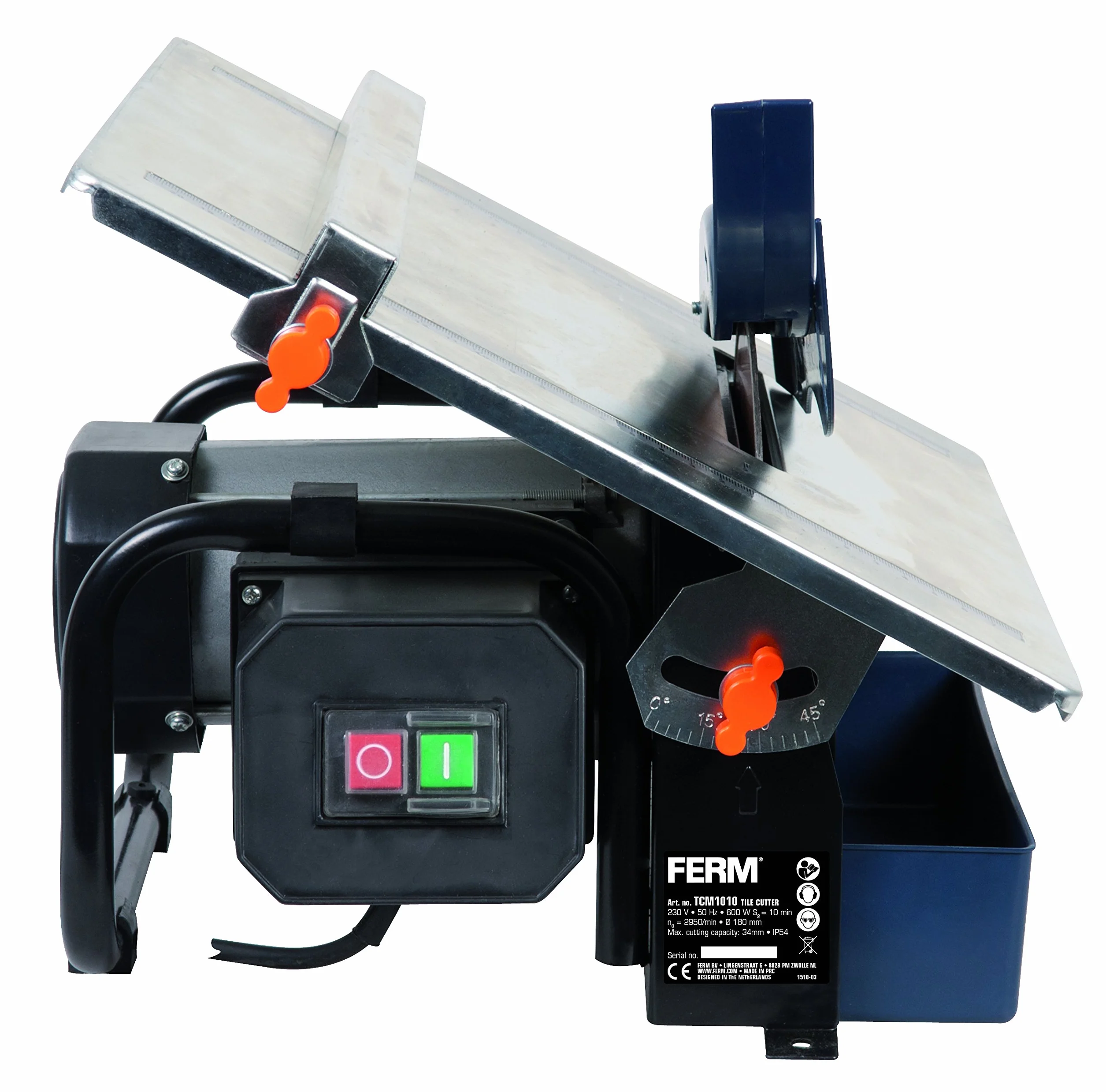 FERM TCM1010 przecinarka do płytek 600 W - 2950/min - tarcza diamentowa 180 mm - brzeszczot chłodzony wodą - regulacja 0-45 stopni