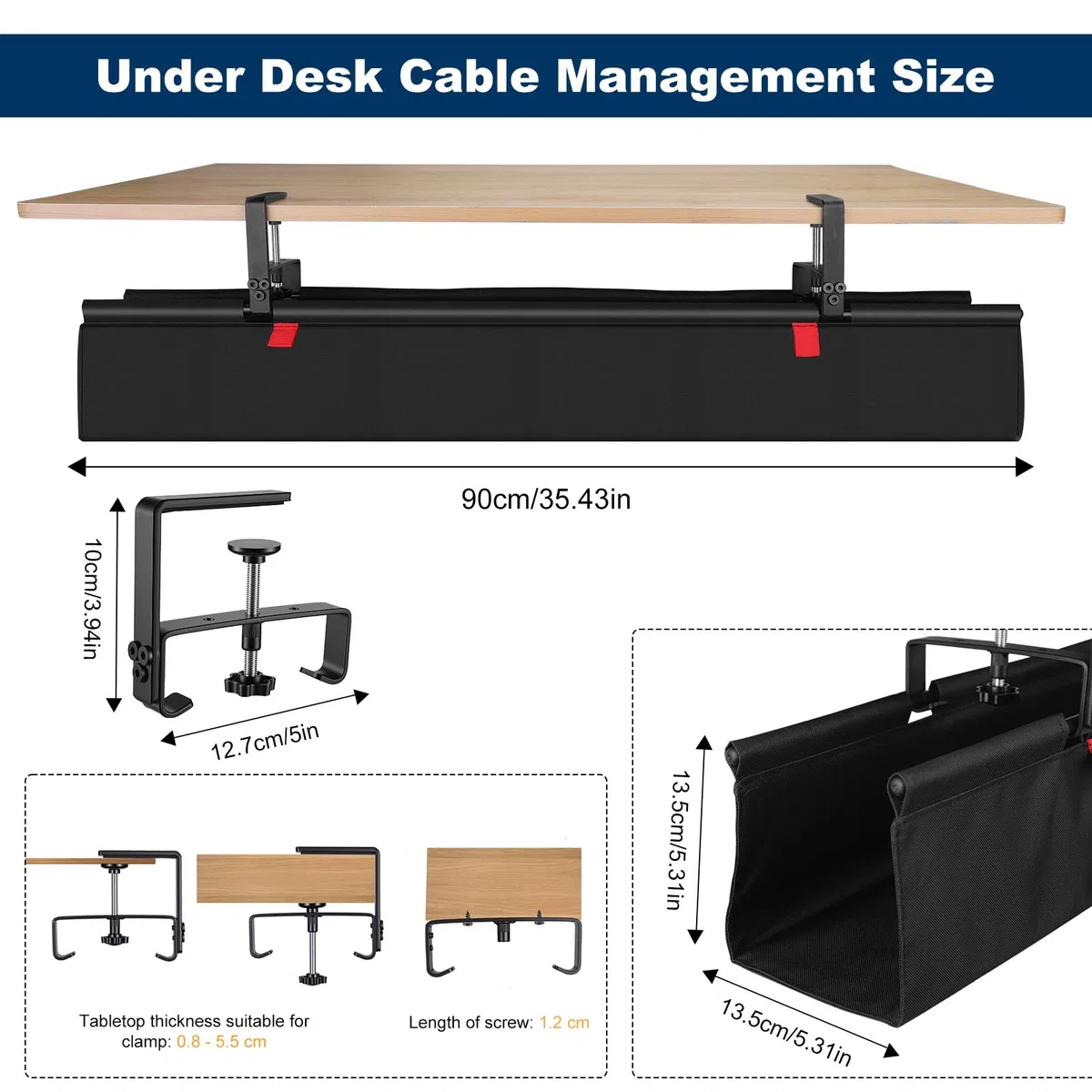 Fentar Organizator kabli biurkowych, 90 cm, taca kablowa na biurko w tkaninie Oxford 600D, zarządzanie kablami pod biurkiem z uchwytem zaciskowym, zbiera kabel stół z otworem bocznym