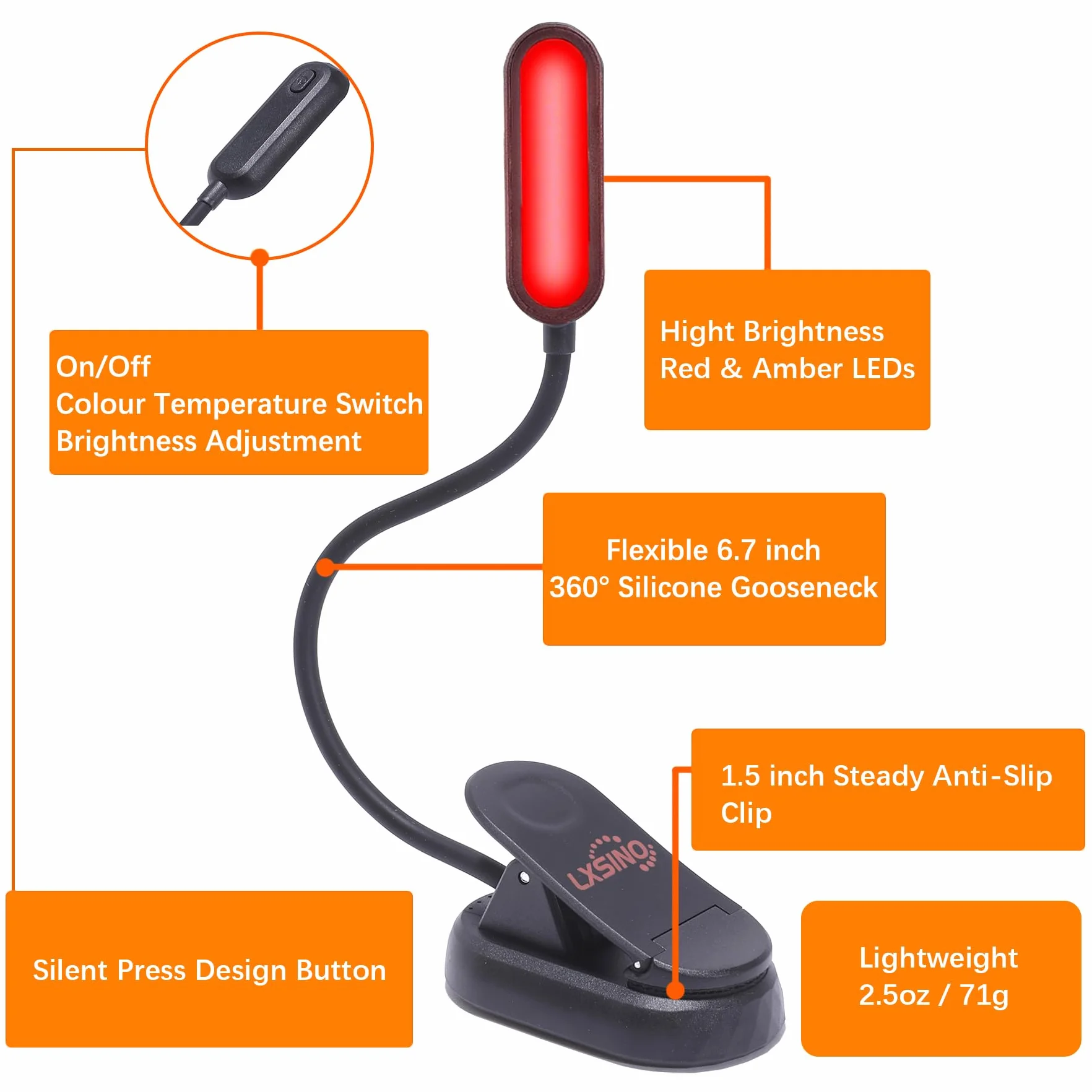 Bursztynowe i czerwone lampki do czytania w łóżku – bursztyn (1600 K)/czerwony (625 nm) – 8 diod LED, ponad 30 godzin, ładowanie USB C, możliwość ponownego ładowania, elastyczna lampka do czytania