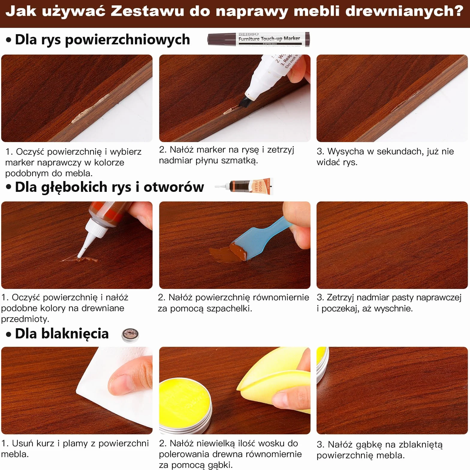 SEISSO Zestaw naprawczy do mebli drewnianych, szpachelka do drewna z kitem do drewna, wosk do polerowania otworów