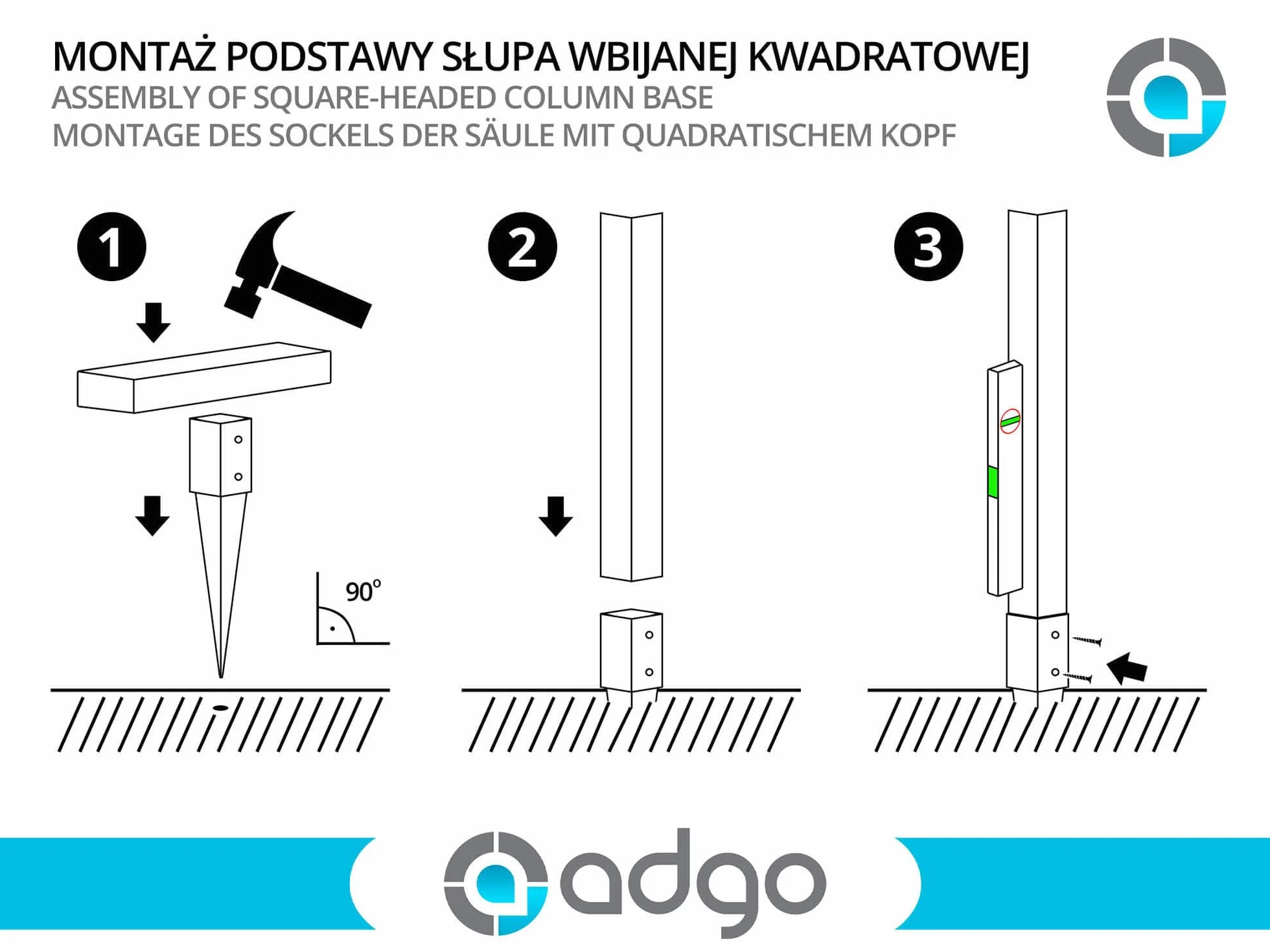 ADGO Podstawa Słupa Kwadratowa Wbijana Wspornik Kotwa 100 x 100 x 900 mm, Do Betonu Ogrodzenia Altany Garażu Wiaty, Blacha Metalowa Ocynkowana Srebrna Antykorozyjna, 1 sztuka