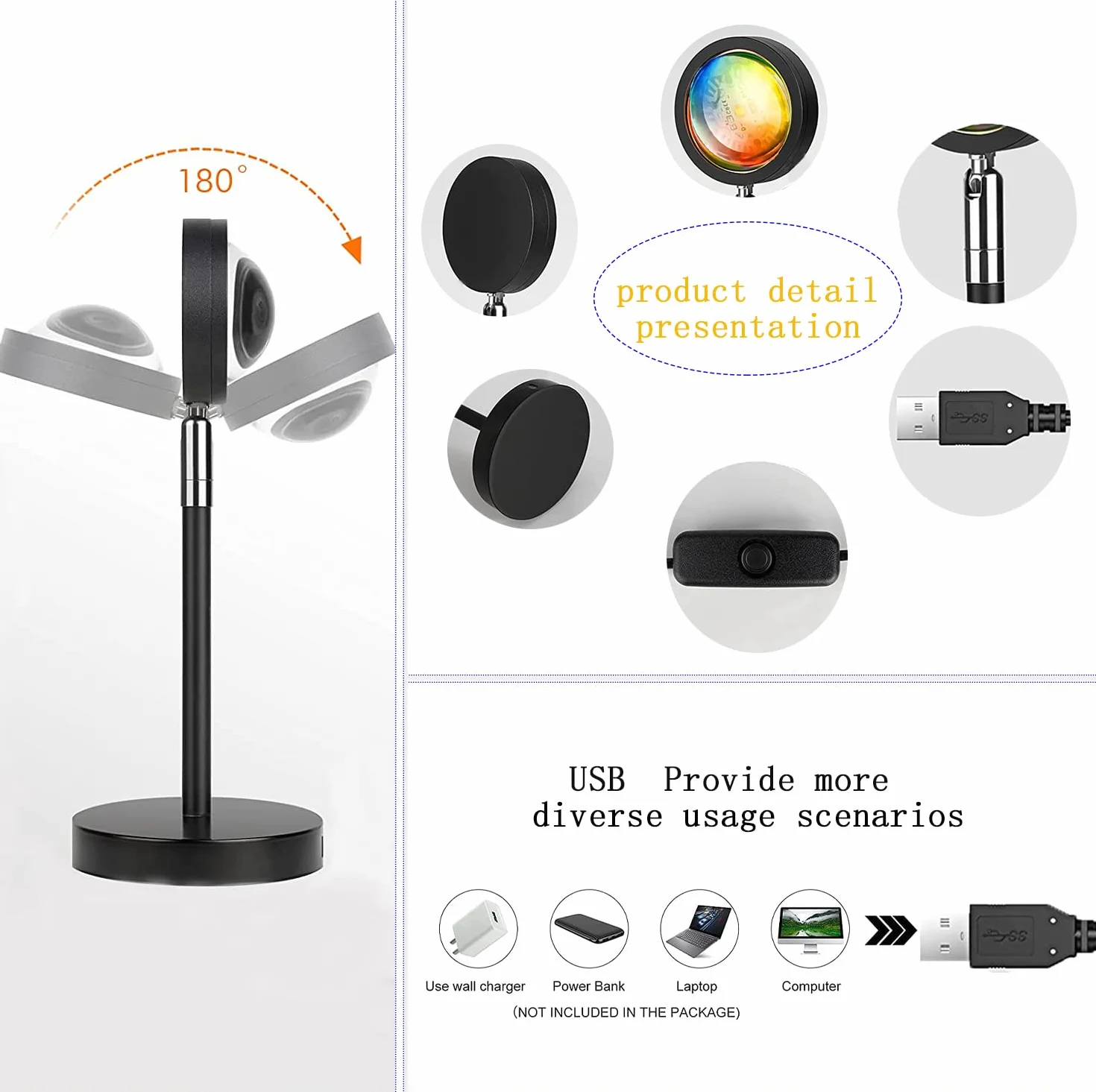 Sunset Lamp, lampa z USB, regulowana wysokość, lampka nocna LED Rainbow Light, 24 kolory, dwa piloty zdalnego sterowania, 4 dynamiczne tryby, obrót o 180°, Sunset lampa projekcyjna, selfie, fotografia