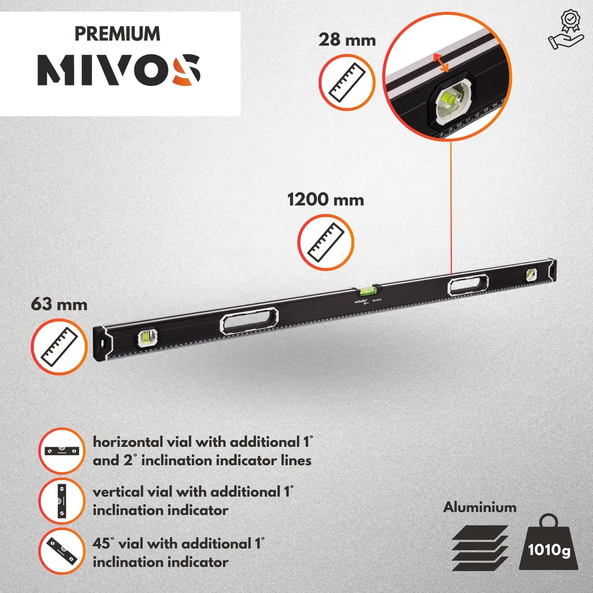 MIVOS - Aluminiowa Poziomica 120 cm z Systemem Magnetycznym - 3 Ważki, Wysoka Dokładność