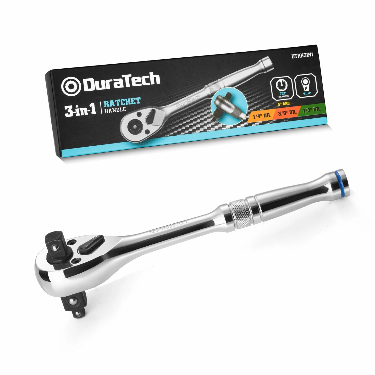 DURATECH Rękojeść z grzechotką 3 w 1, klucz z grzechotką 1/4”, 3/8”, klucz z grzechotką 1/2”, stal stopowa, klucz nasadowy 72-zębowy do napraw samochodowych