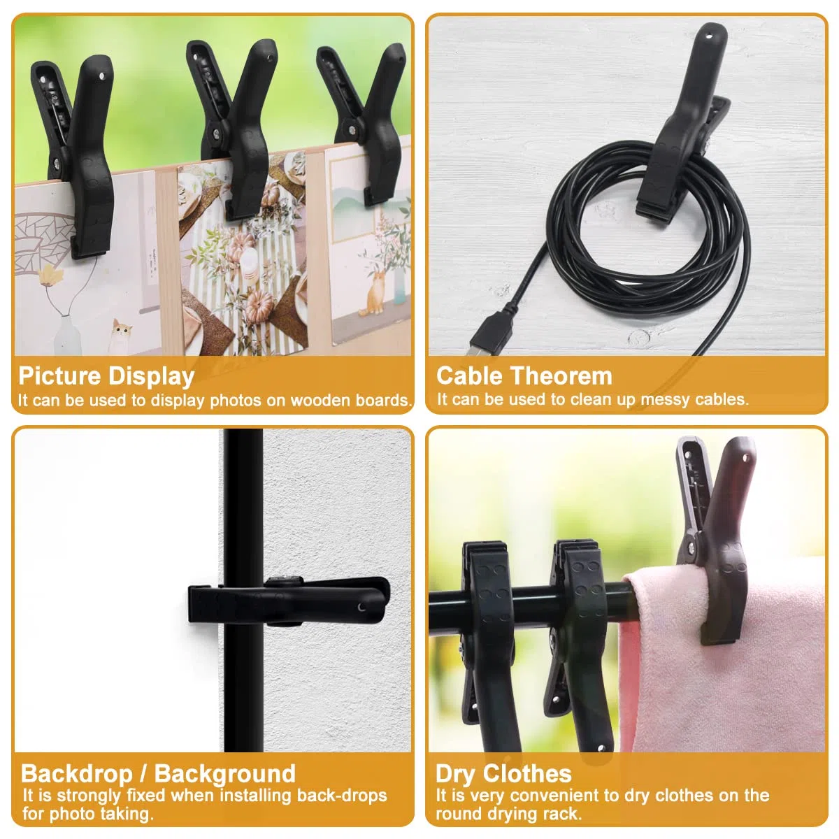 Coideal Plastikowe nylonowe zaciski sprężynowe – 8 szt. ulepszone, mocne, duże, wytrzymałe, muślinowe klipsy do tła fotograficznego na rynek studyjny (10 cm, czarne)