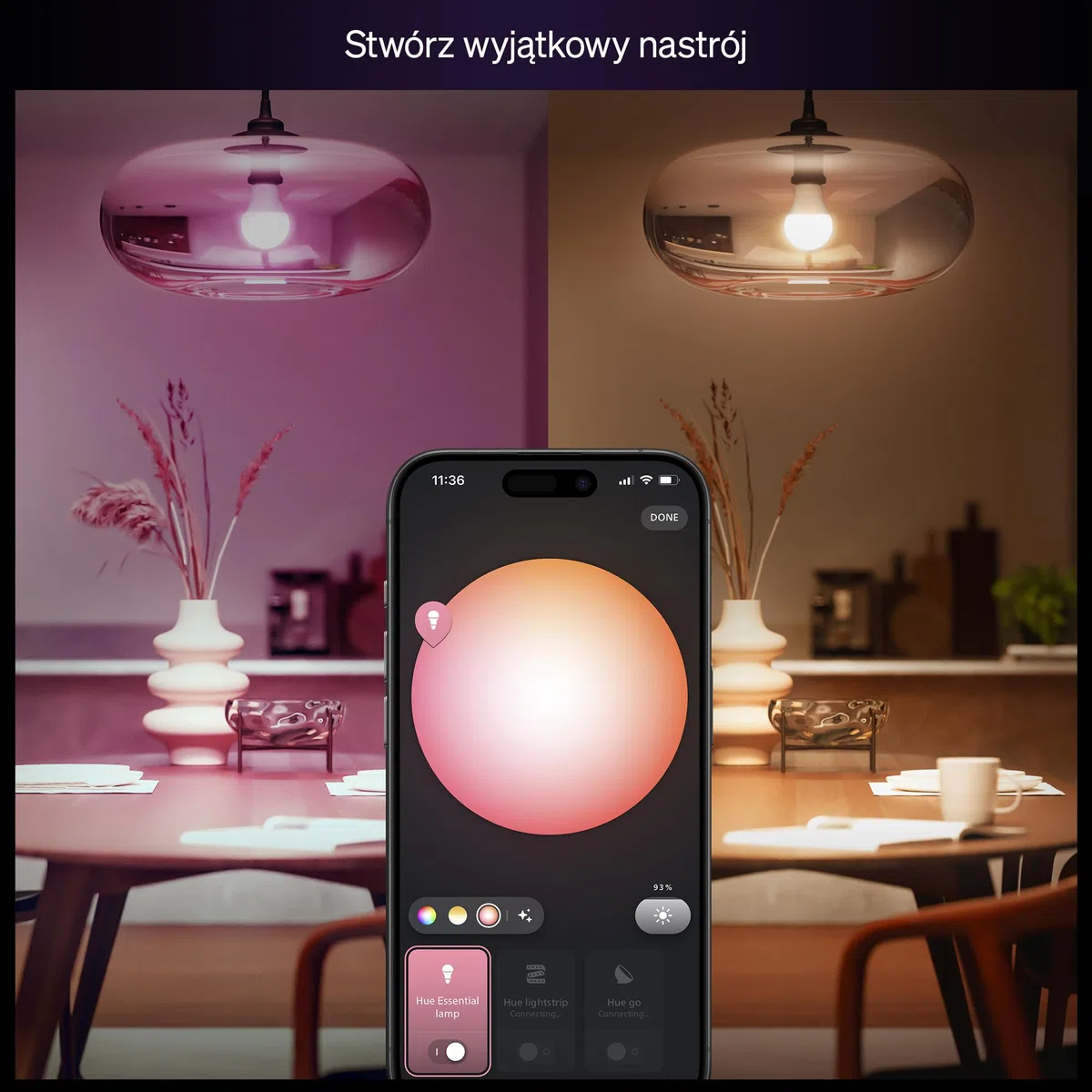 Żarówka Philips Hue Essential Smart LED A60, White and Color Ambiance, podstawa E27, 8 W, 2200K–6500K, 806 lumenów, przyciemnianie, działa z Alexą, Asystentem Google i Apple Home, 4 op.