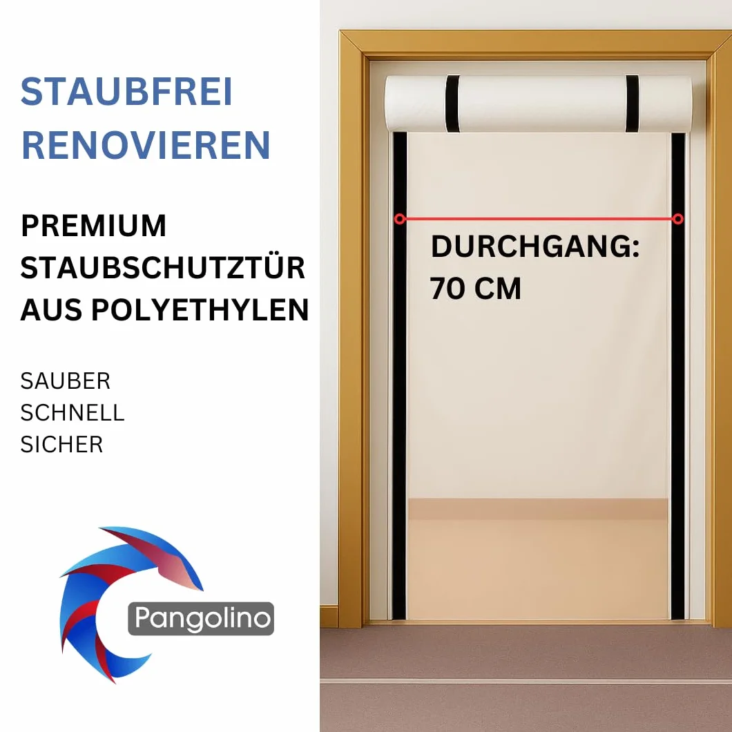Pangolino Folia przeciwpyłowa na drzwi z zamkiem błyskawicznym, 1,20 m x 2,20 m, z dwustronną taśmą klejącą, wariant z taśmą na rzepy