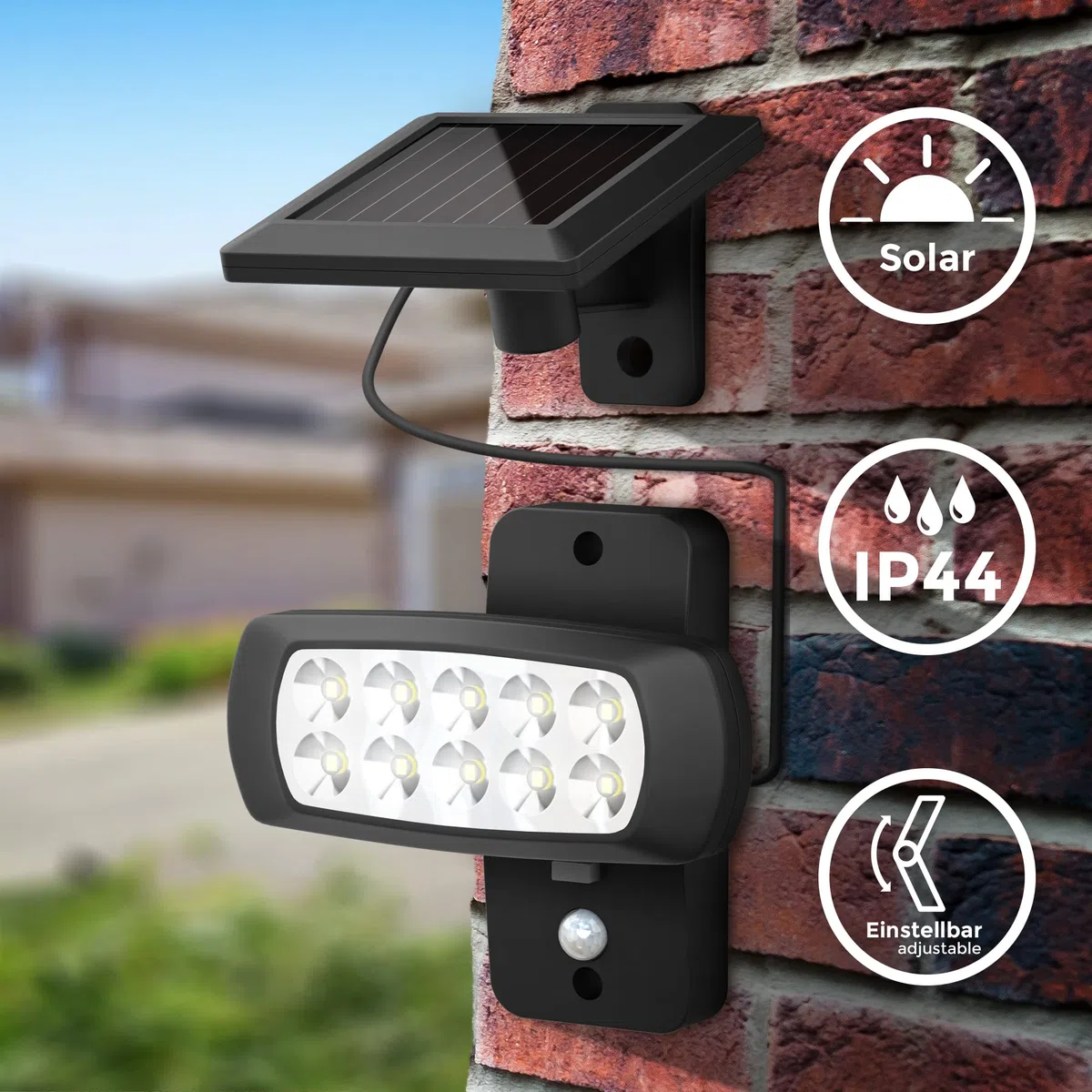 B.K.Licht Zewnętrzna lampa solarna LED IP44, czujnik ruchu PIR, projektor ścienny do domu, tarasu, balkonu, czarny, ochrona przed zachlapaniem, zimne białe światło 6500K