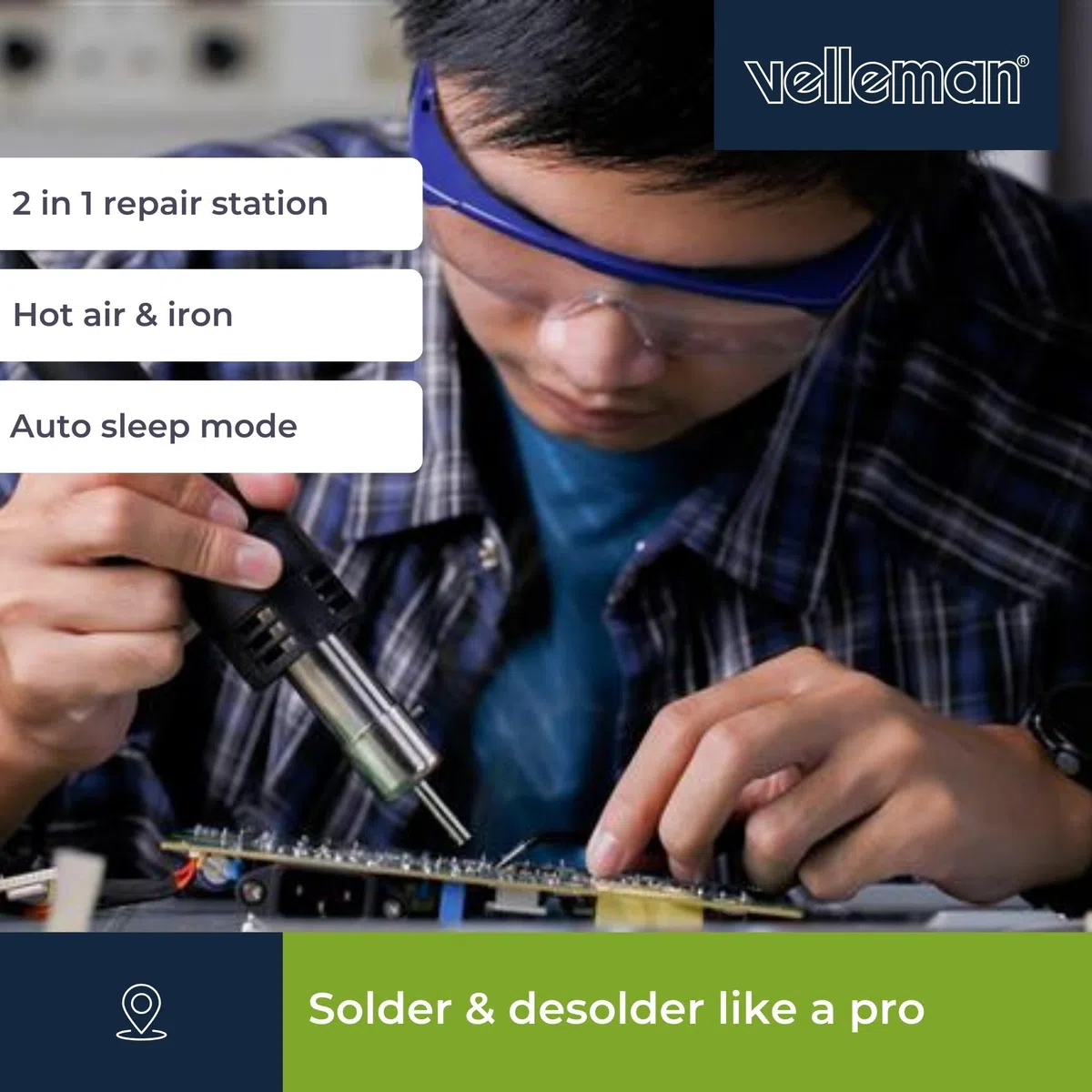Velleman Multifunkcyjna stacja lutownicza 2-w-1 z lutownicą 60W i opalarką 300W, sterowanie mikroprocesorowe, idealna do SMD, PCB i elektroniki