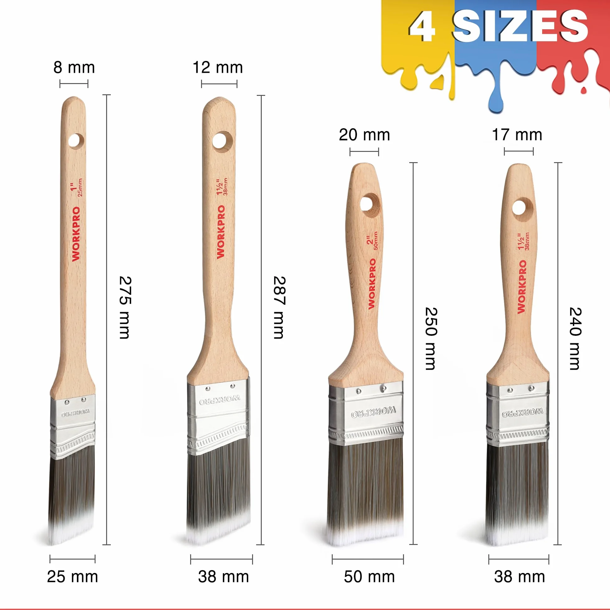 WORKPRO Profesjonalny zestaw pędzli do malowania, błyszczący płaski pędzel i pędzel kątowy 25 mm / 38 mm / 50 mm pędzle do dekoracji ścian i sufitów
