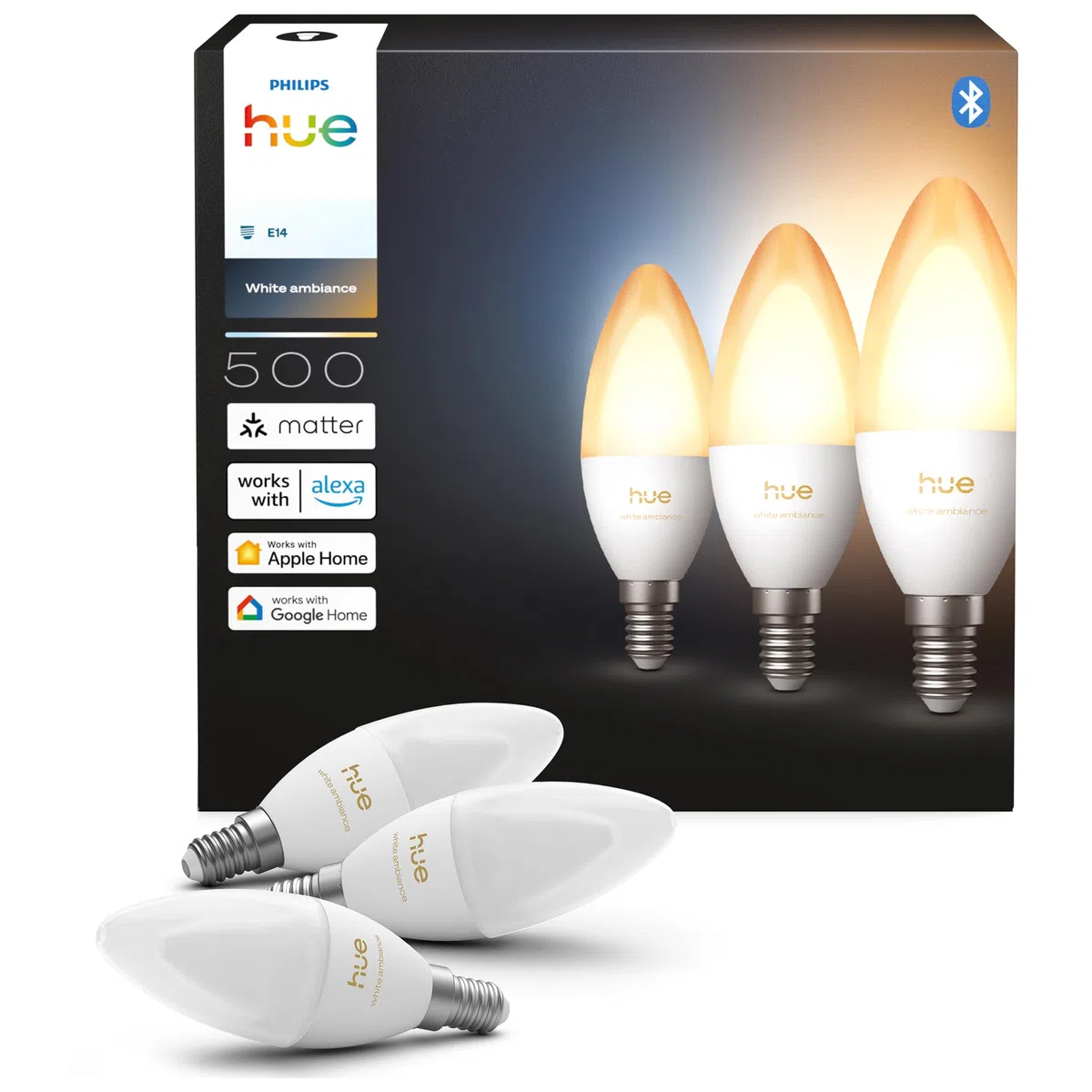 Philips Hue Smart Żarówka Świeca LED, B39, E14, White Ambiance, Pełne Spektrum 1000 K–20000 K, 500 lm, Bardzo Niski Poziom Przyciemniania, Chromasync, Alexa, Google Home, Apple Home, 3 szt.