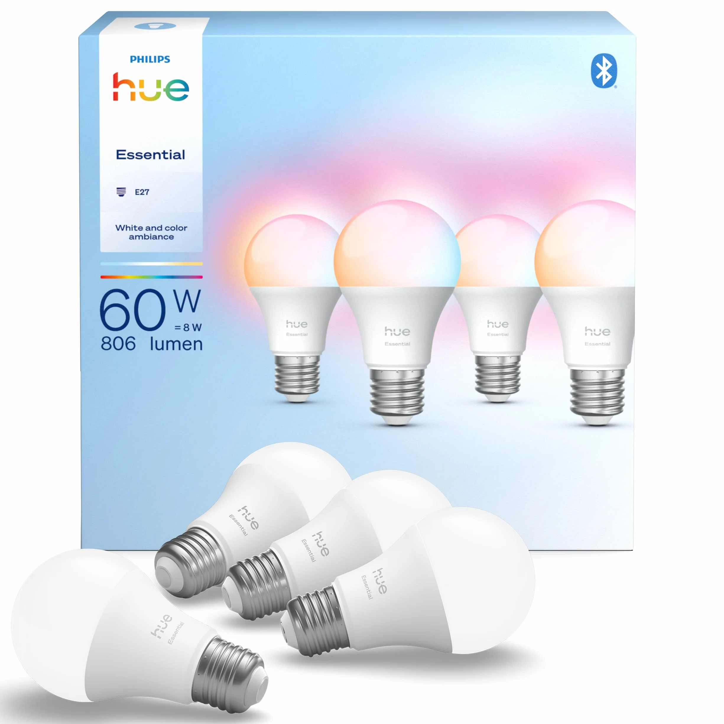 Żarówka Philips Hue Essential Smart LED A60, White and Color Ambiance, podstawa E27, 8 W, 2200K–6500K, 806 lumenów, przyciemnianie, działa z Alexą, Asystentem Google i Apple Home, 4 op.