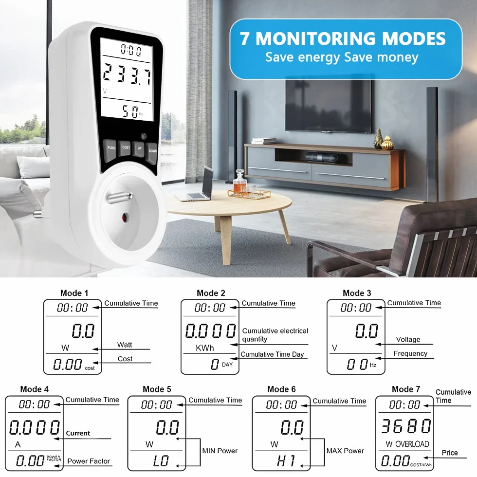 Flintronic Elektryczny miernik zużycia, monitor energii elektrycznej z podświetlanym wyświetlaczem LCD z ochroną przed przeładowaniem, monitorowanie zużytej energii, Watt, koszt energii elektrycznej (FR)