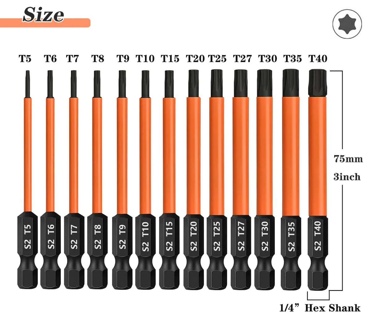 Zestaw bitów Torx, 13 sztuk, długość 75 mm, zestaw bitów Torx (T5-T40), stal S2, 1/4", sześciokątny trzonek magnetyczny, długie bity do wkrętarki akumulatorowej