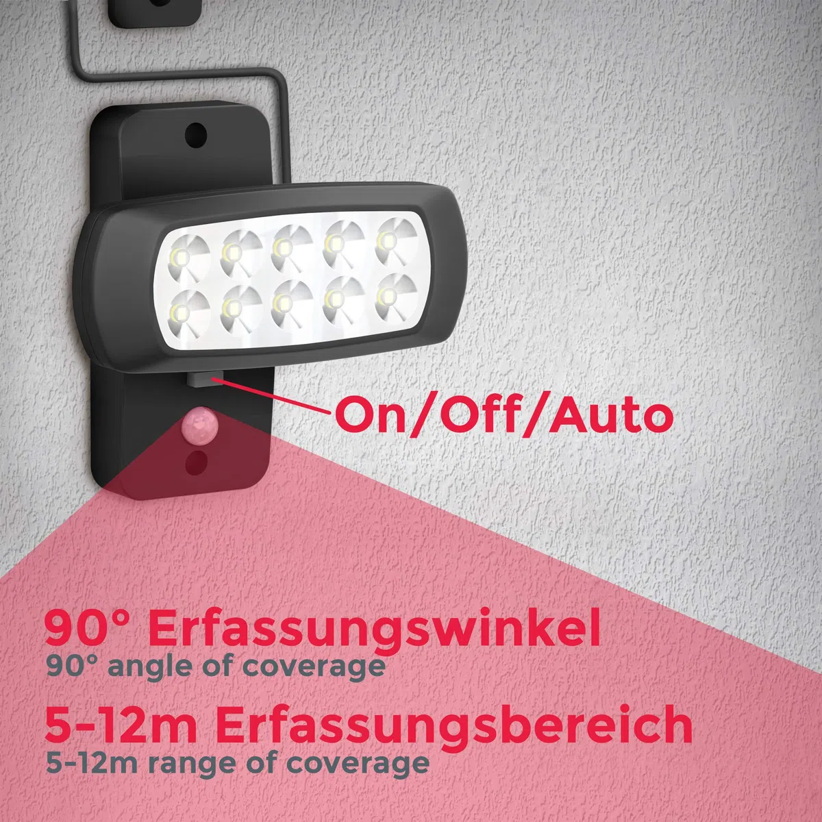 B.K.Licht Zewnętrzna lampa solarna LED IP44, czujnik ruchu PIR, projektor ścienny do domu, tarasu, balkonu, czarny, ochrona przed zachlapaniem, zimne białe światło 6500K
