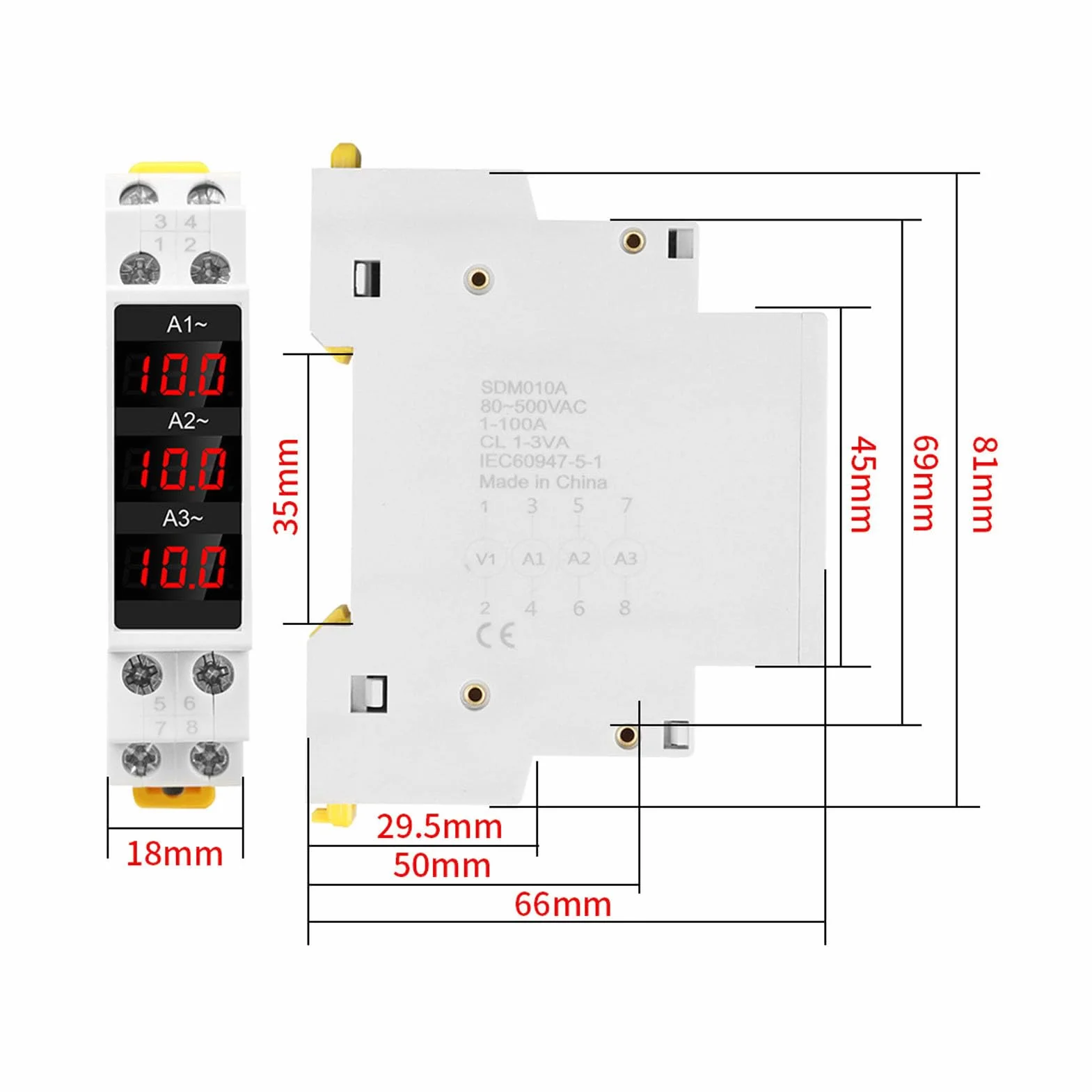 3-fazowy Amperomierz na szynę DIN, Cyfrowy Wyświetlacz LED Amperomierz na szynę DIN, Amperomierz o Wysokiej Dokładności z 3 Czujnikami AC80-500V 1-100A, Wyświetlanie Trendów