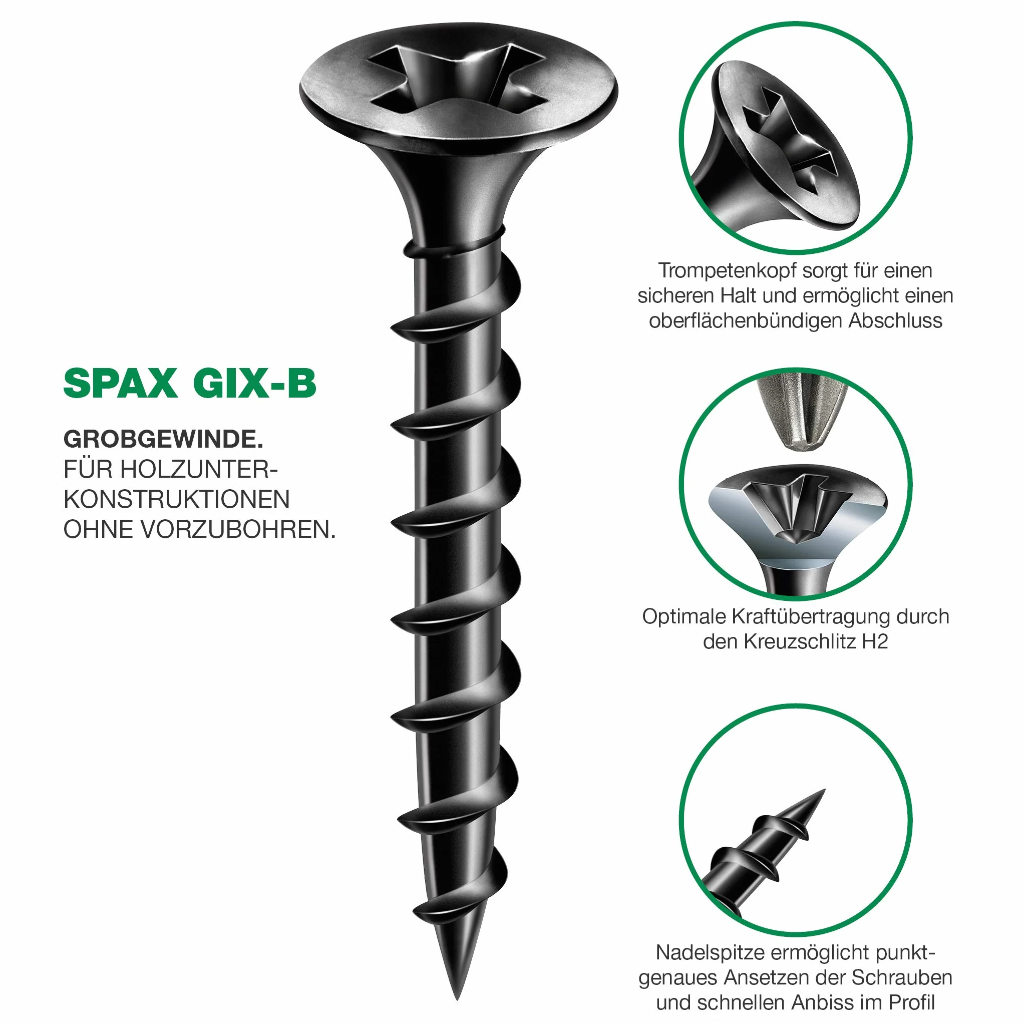 SPAX GIX-B Wkręty do szybkiego montażu 3,9 x 35 mm, gwint gruboziarnisty, 1000 sztuk, łeb trąbki, z rowkiem krzyżowym H2, śruby do suchej zabudowy do drewnianych podkonstrukcji – 1891170390355