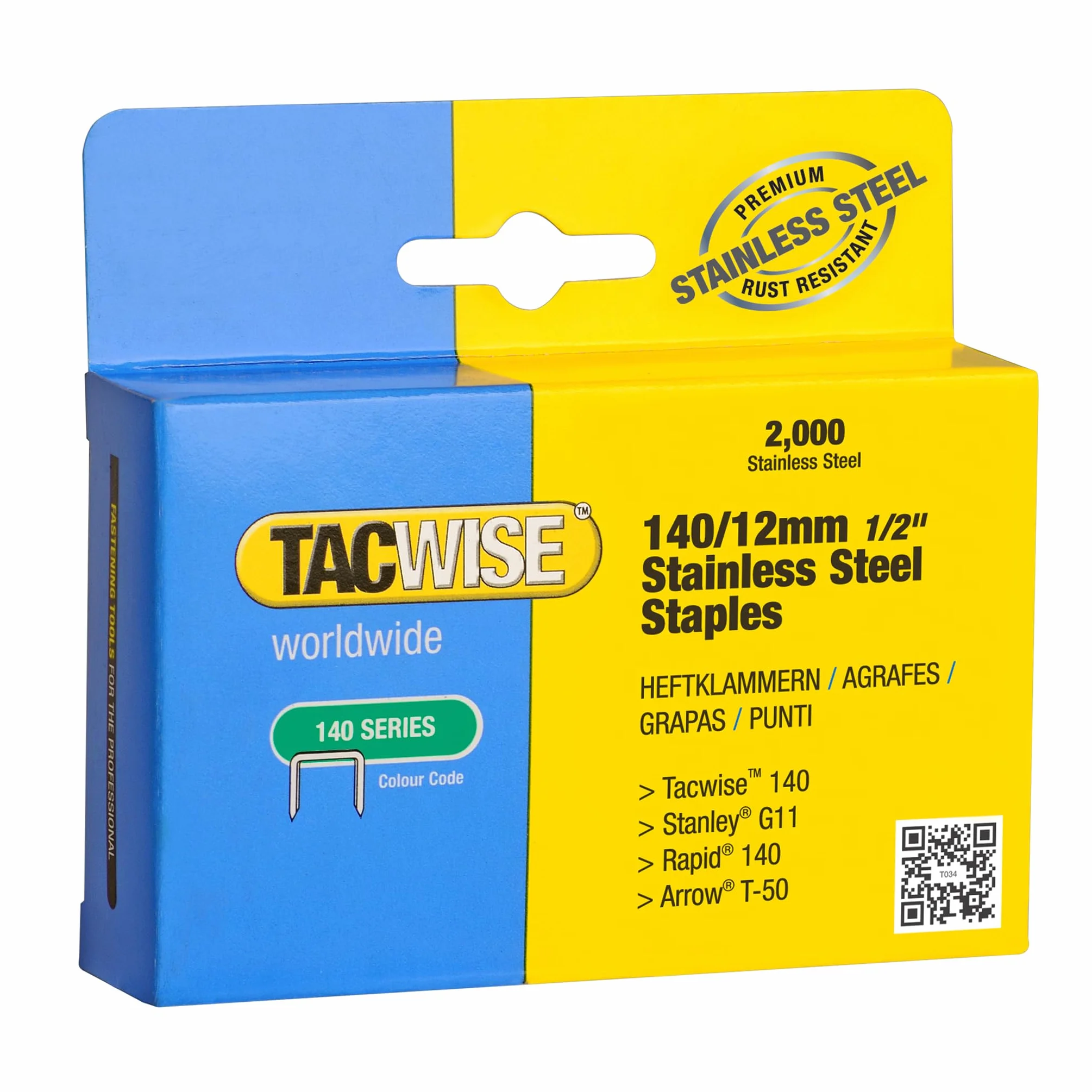 Tacwise 1220 typ 140/12 mm wytrzymałe zszywki ze stali nierdzewnej, opakowanie 2000 sztuk