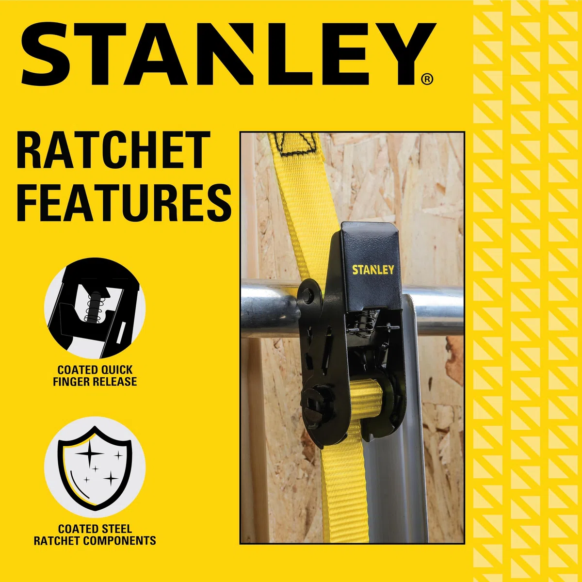 STANLEY S9500 Czarne/żółte paski z grzechotką 2,5 cm x 25,5 cm - lekki ładunek (obciążenie robocze 136 kg/wytrzymałość na rozerwanie 408 kg), 4 szt