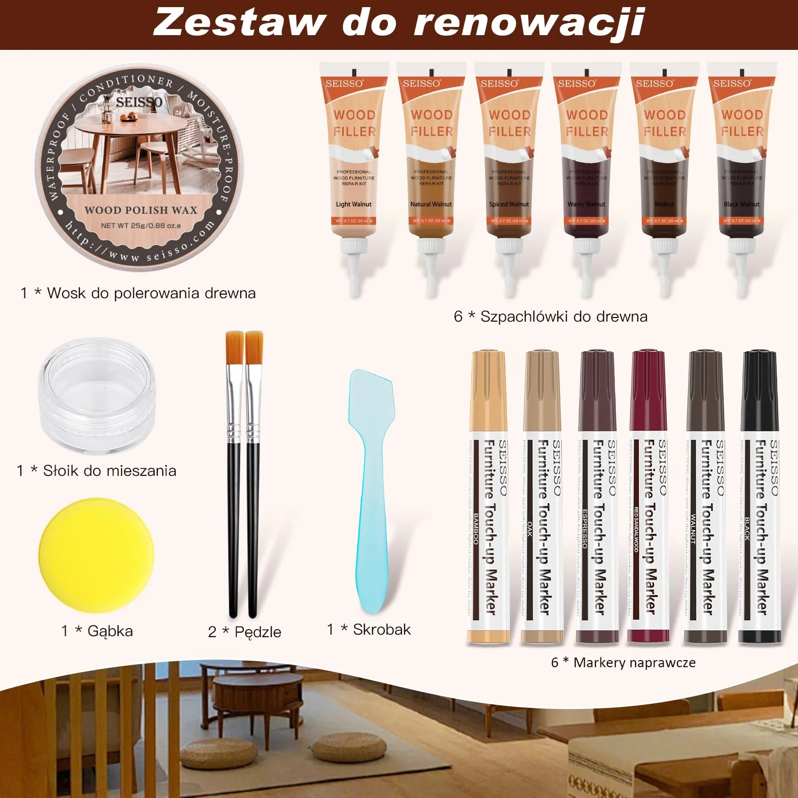 SEISSO Zestaw naprawczy do mebli drewnianych, szpachelka do drewna z kitem do drewna, wosk do polerowania otworów