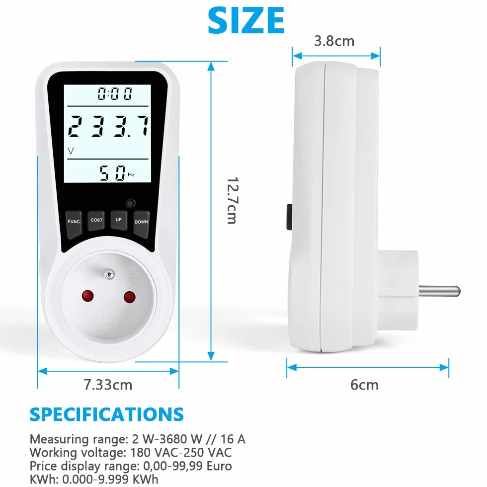 Flintronic Elektryczny miernik zużycia, monitor energii elektrycznej z podświetlanym wyświetlaczem LCD z ochroną przed przeładowaniem, monitorowanie zużytej energii, Watt, koszt energii elektrycznej (FR)
