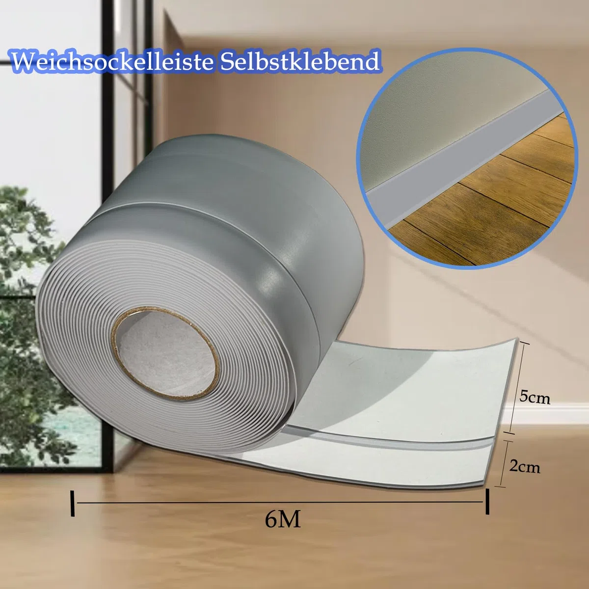 Miękka listwa przypodłogowa samoprzylepna, 6 m, 50 x 20 mm, PVC, samoprzylepna, miękka listwa przypodłogowa elastyczna, nadaje się do kuchni i łazienki
