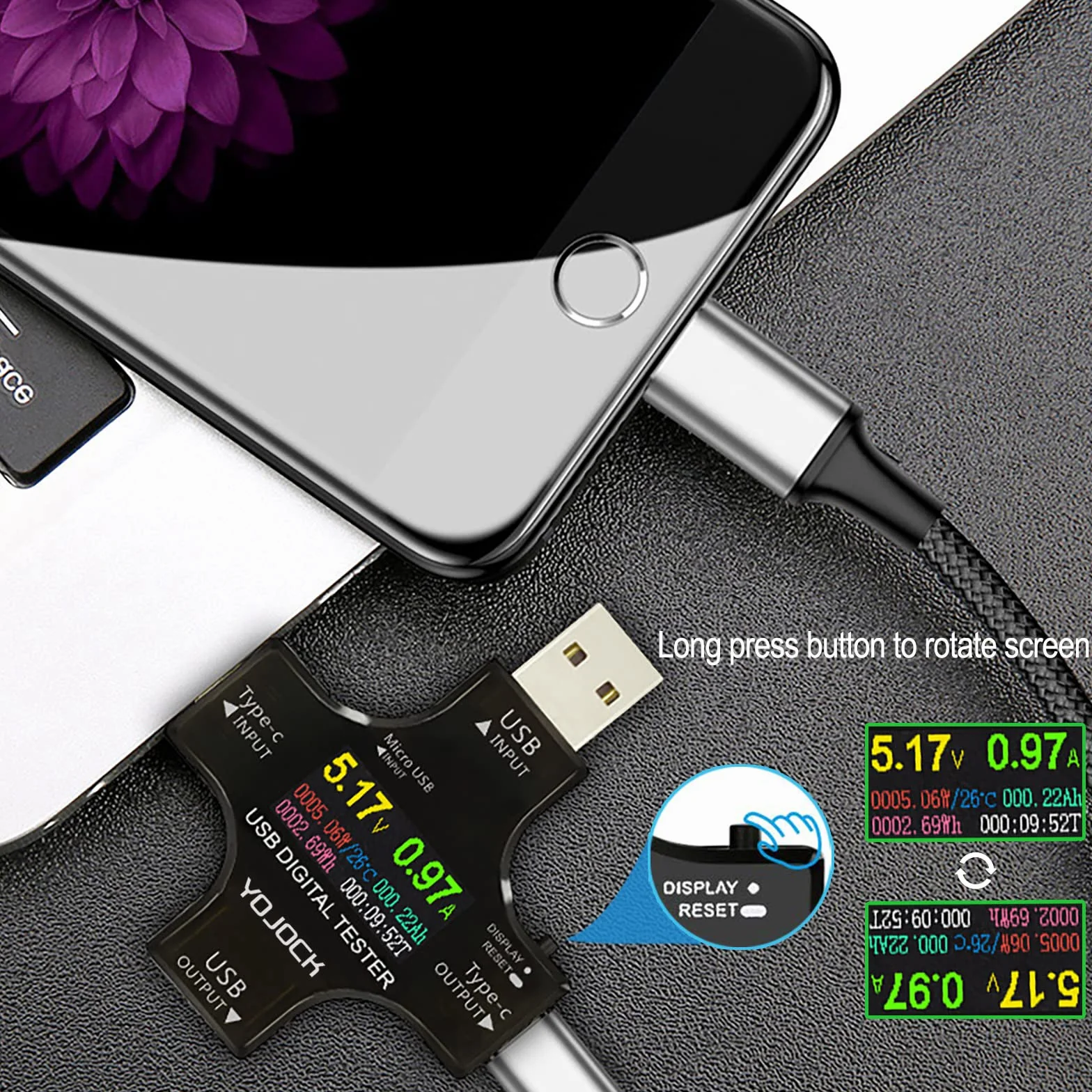 YOJOCK Tester USB Multimetr C Miernik prądu i napięcia 3,6-32 V 0-5,1 A Tester 2 w 1 Woltomierz Pojemność Zasilacz Watomierz Ładowarka z adapterem OTG