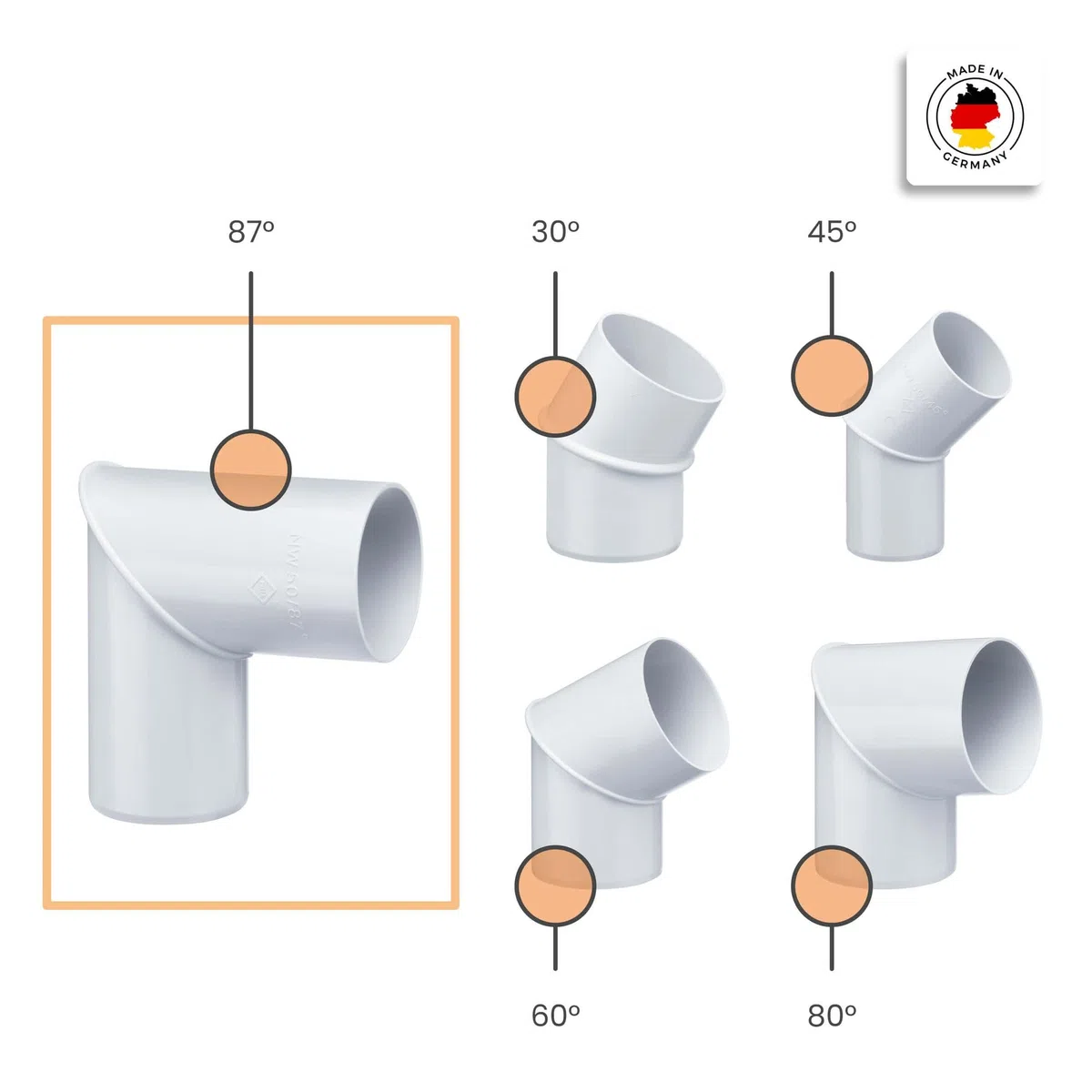 INEFA kolano rury spustowej 87 stopni do rury spustowej, PVC 50mm, biały Przyłącze rynnowe, łatwy montaż, Made in Germany