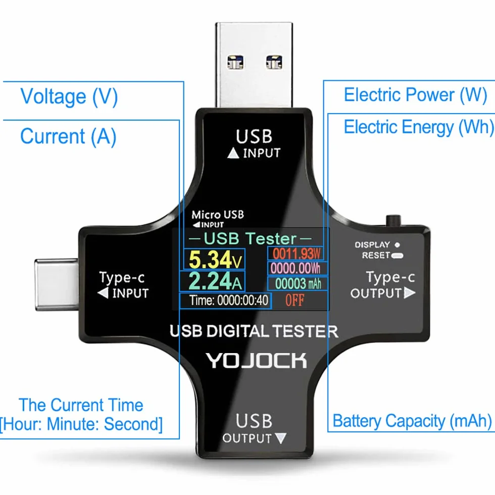 YOJOCK Tester USB Multimetr C Miernik prądu i napięcia 3,6-32 V 0-5,1 A Tester 2 w 1 Woltomierz Pojemność Zasilacz Watomierz Ładowarka z adapterem OTG