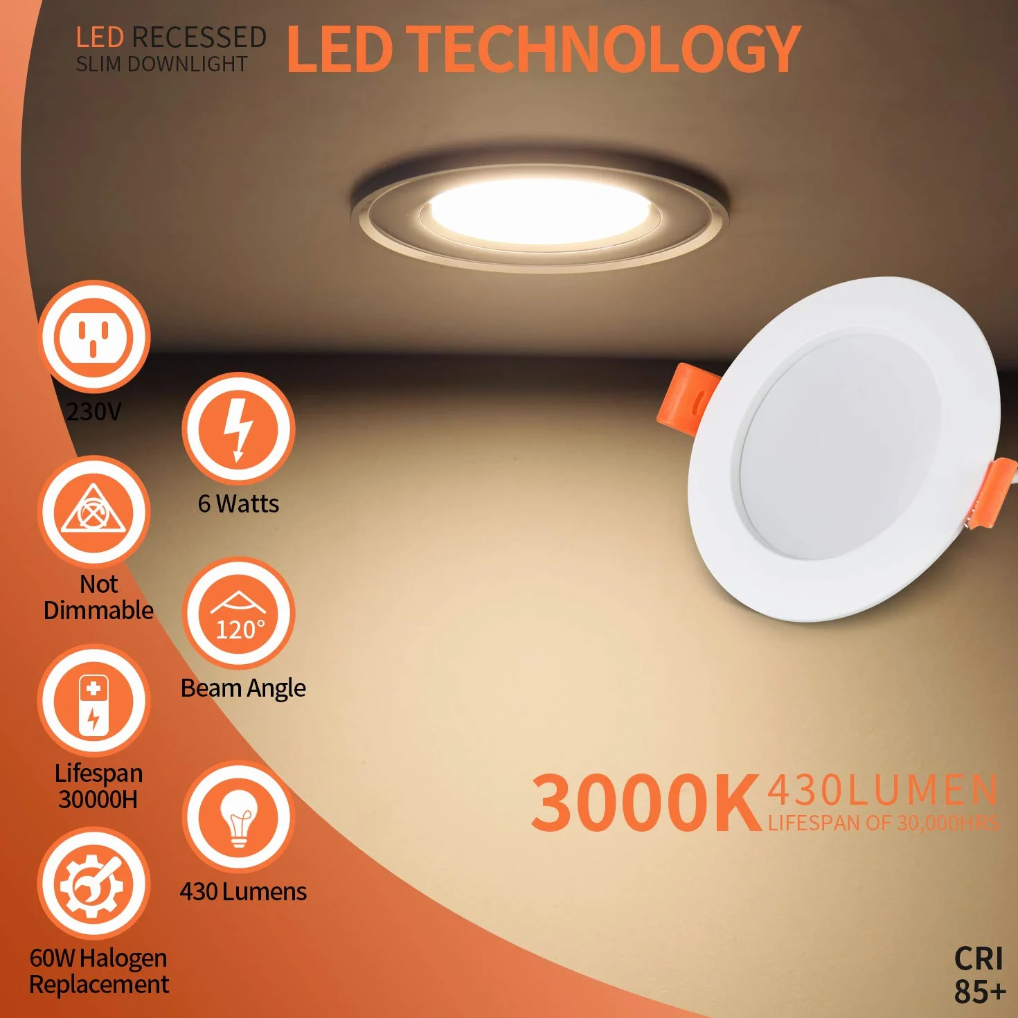 Lampy LED do Zabudowy, 3 Sztuki 6 W Lampa Sufitowa, 3000 K Ciepła Biel, 430 lm, AC 230 V, Bez Możliwości Ściemniania, Średnica Montażu φ75 mm