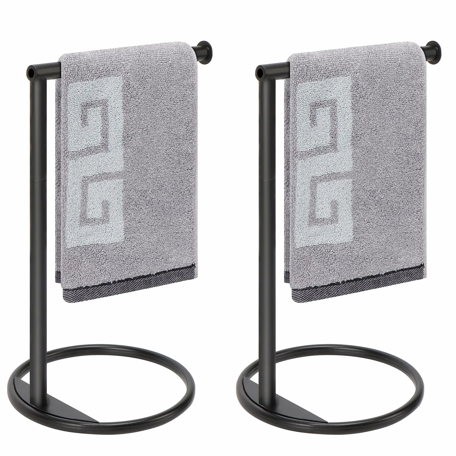 NearMoon Hand Towel Holder Stand, Thicken Metal L Shape Hand Towel Rack, Small Towel Ring, Stable Standing Towel Bar for Bathroom Kitchen Vanity Countertop, 8” L 14” H (Matte Black, 2 Pack)