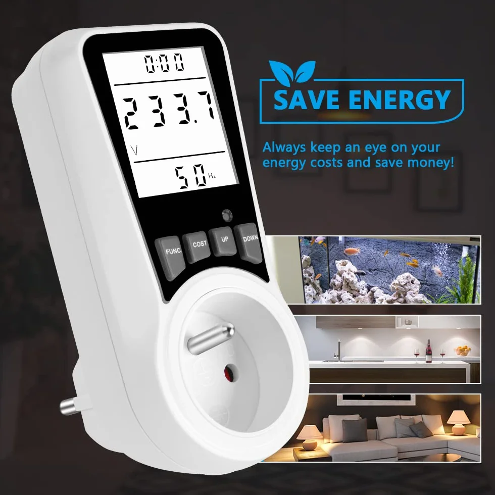 Flintronic Elektryczny miernik zużycia, monitor energii elektrycznej z podświetlanym wyświetlaczem LCD z ochroną przed przeładowaniem, monitorowanie zużytej energii, Watt, koszt energii elektrycznej (FR)