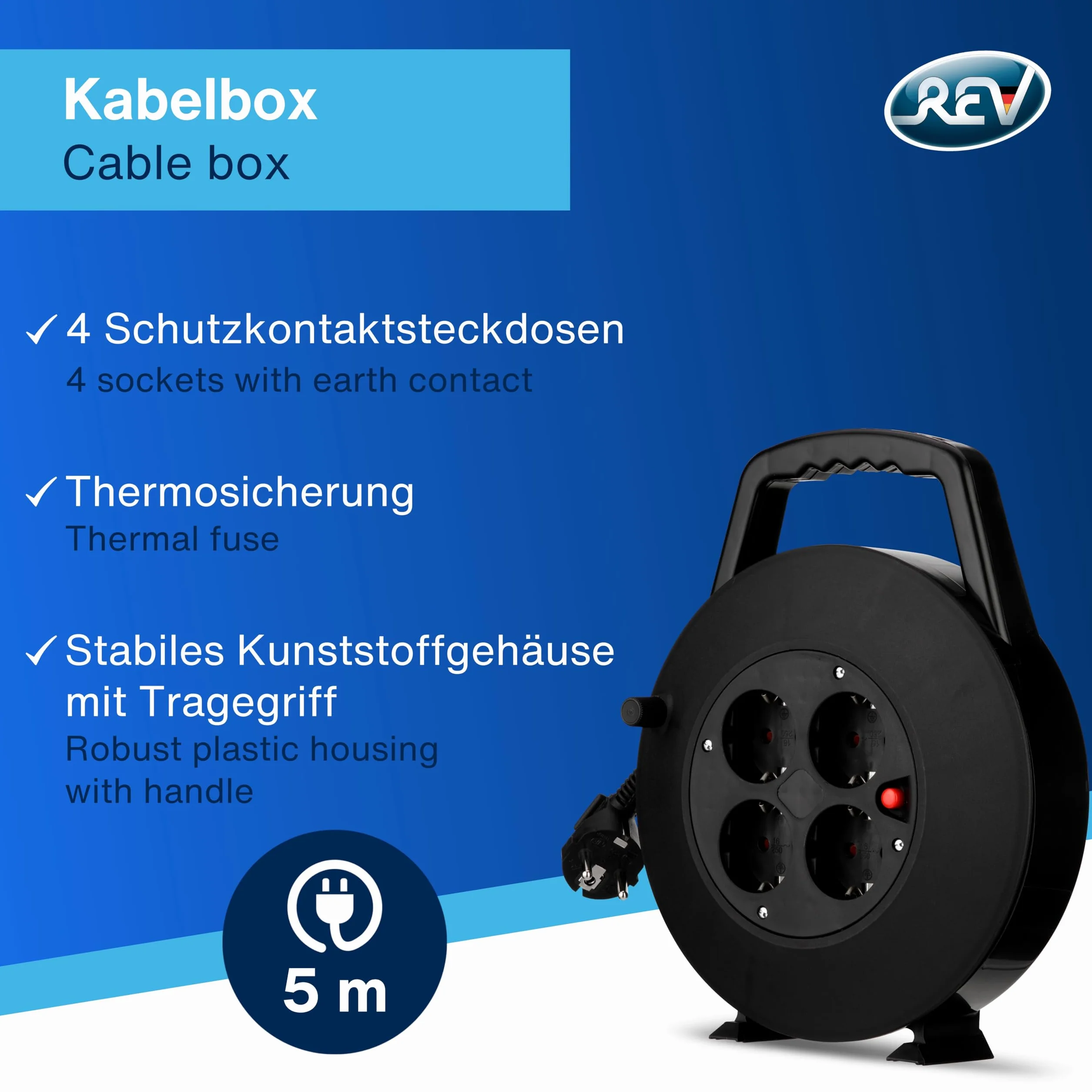 REV Bęben kablowy, skrzynka na kable 4-krotne, 5 m, ochrona przed przegrzaniem, czarny