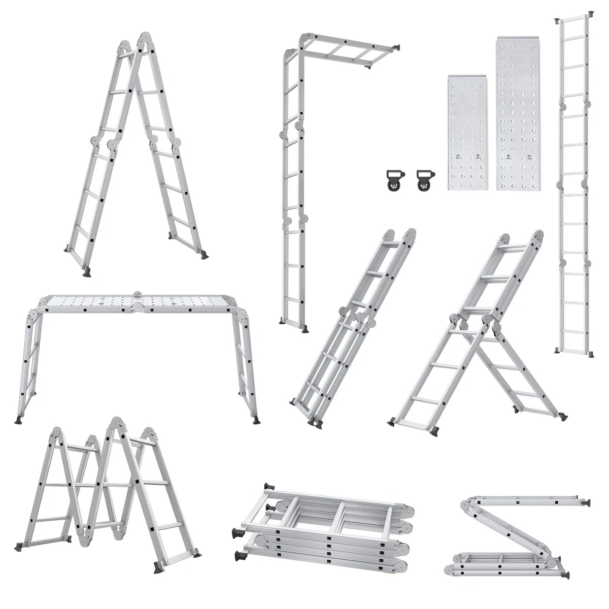 XMTECH Uniwersalna drabina składana, przegubowa z platformą, aluminiowa drabina, wielofunkcyjna, 6 w 1, drabina przystawna, z aluminium, 4 x 3 stopnie, srebrna