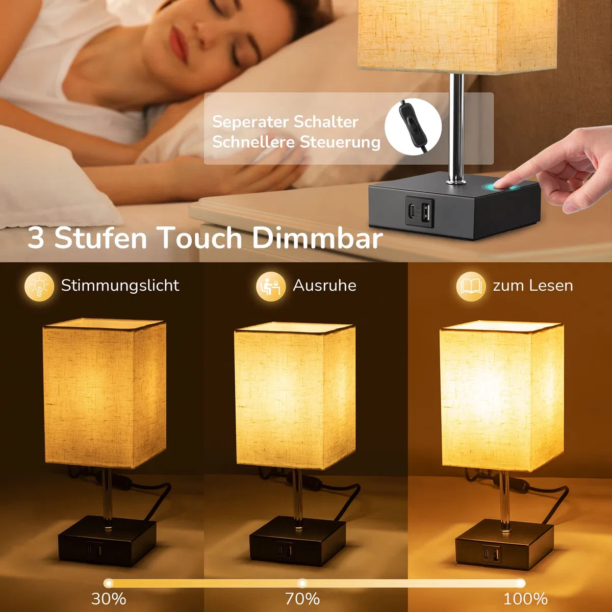 EDISHINE 2 lampy stołowe, regulator dotykowy, 2 USB, beżowy owies | Żarówka LED 2700K w zestawie, funkcja ładowania, 5 V/2,1 A, do sypialni, salonu, parapetu, 28 cm