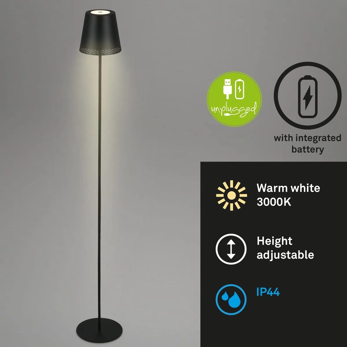 BRILONER – Akumulatorowa lampa stojąca LED 3 w 1, stopniowe ściemnianie, dotykowa, lampa stojąca LED, bezprzewodowa, czarna