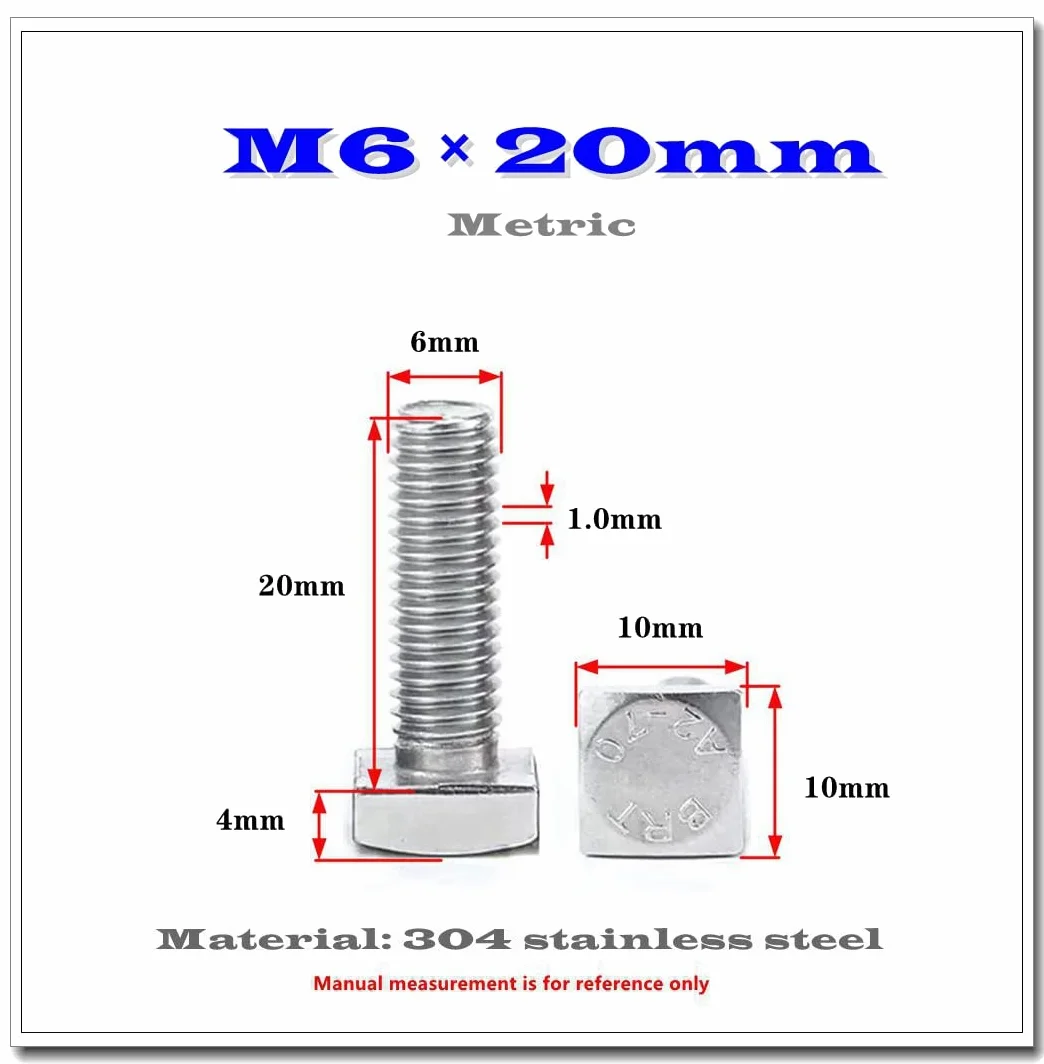 10 szt. M6 × 20 mm stal nierdzewna 304 śruba z łbem kwadratowym śruba z łbem kwadratowym