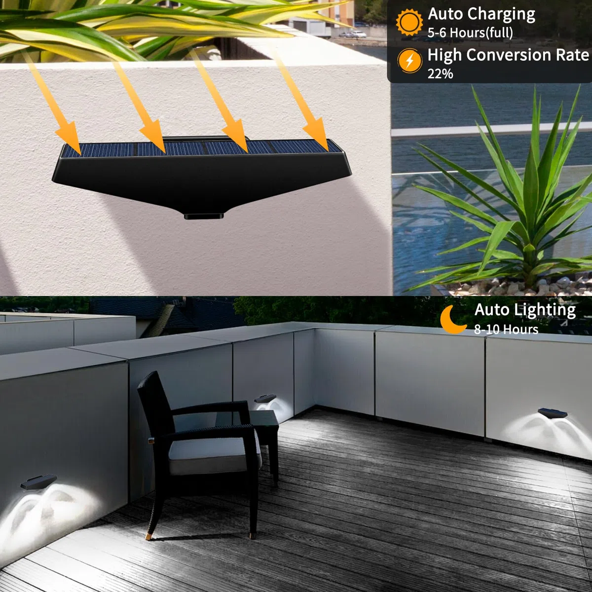 WAFTING Solarne lampy ogrodzeniowe, 4 sztuki, solarne światła schodowe, wodoodporne IP65, solarne światła pokładowe na schody zewnętrzne, ściany, ogrodzenie, podwórko, patio, taras